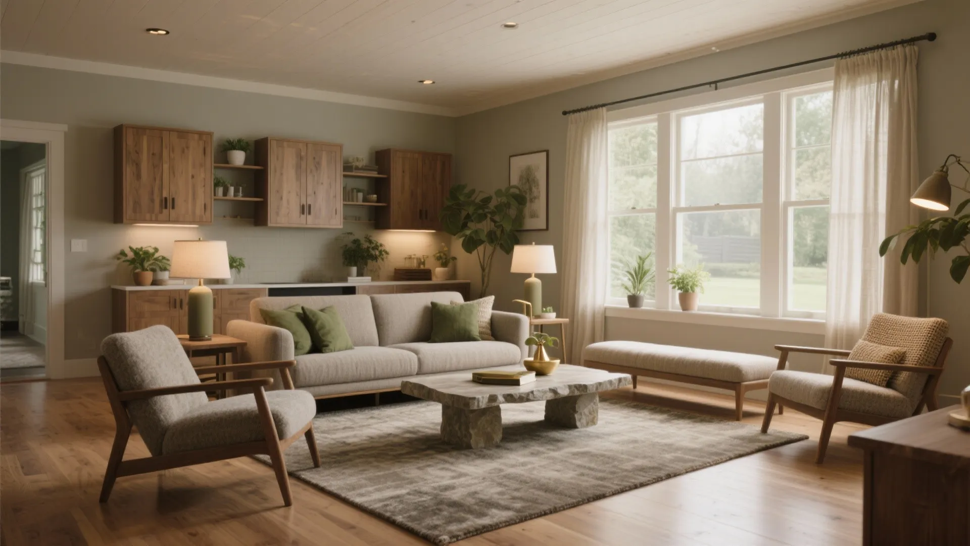 Modern bungalow living room with grey sofa wooden cabinets stone coffee table and green indoor plants