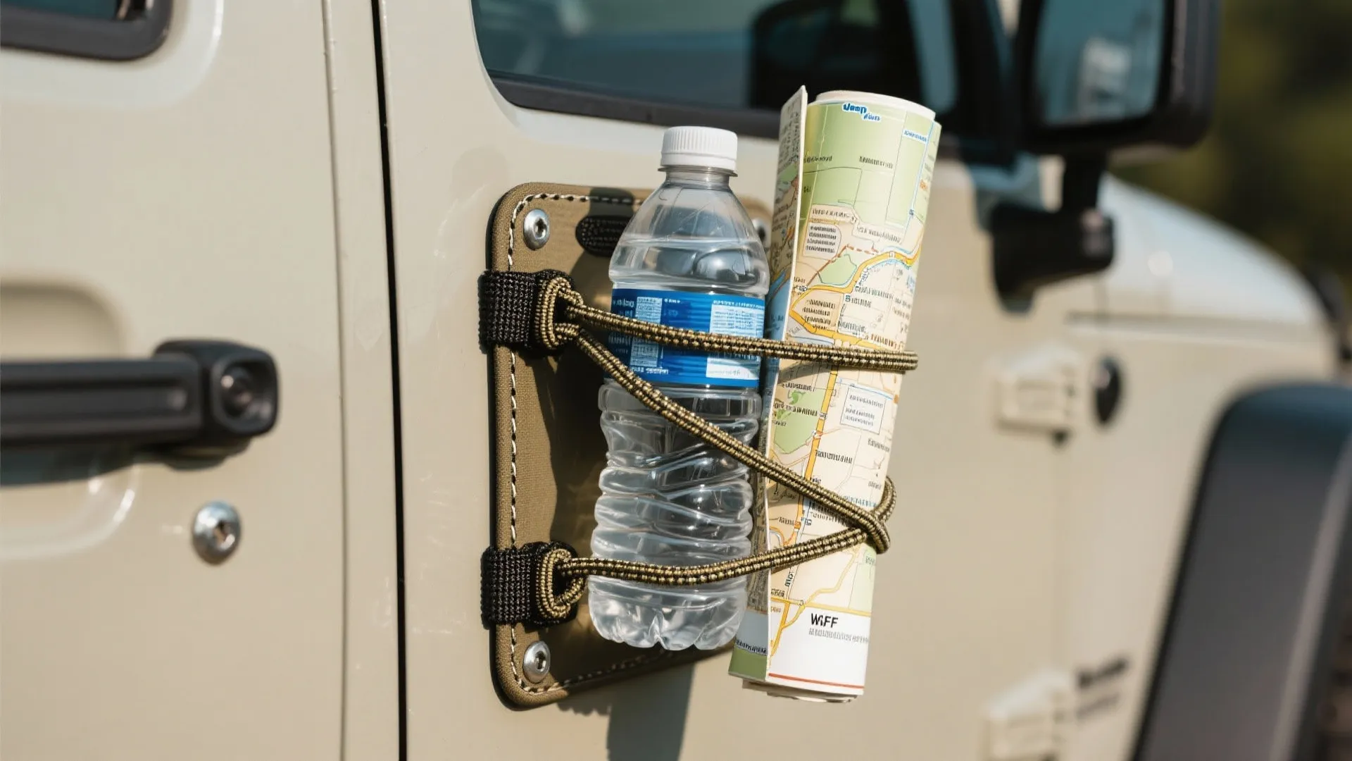 Plastic water bottle and rolled paper map secured to car exterior using brown elastic loops