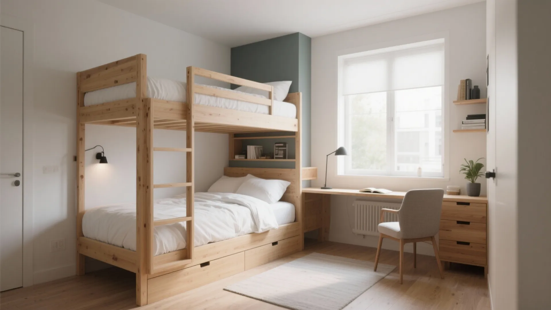 Bright bedroom with wooden bunk bed integrated study desk chair green wall and large sunny window