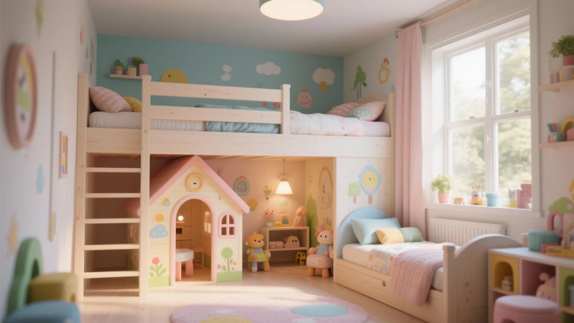 Kids bedroom featuring a wooden bunk bed with a small play house underneath near windows