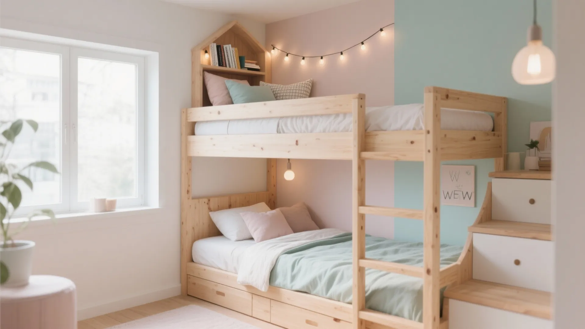 Wooden bunk bed in kids bedroom with pink and blue walls, string lights, and stairs