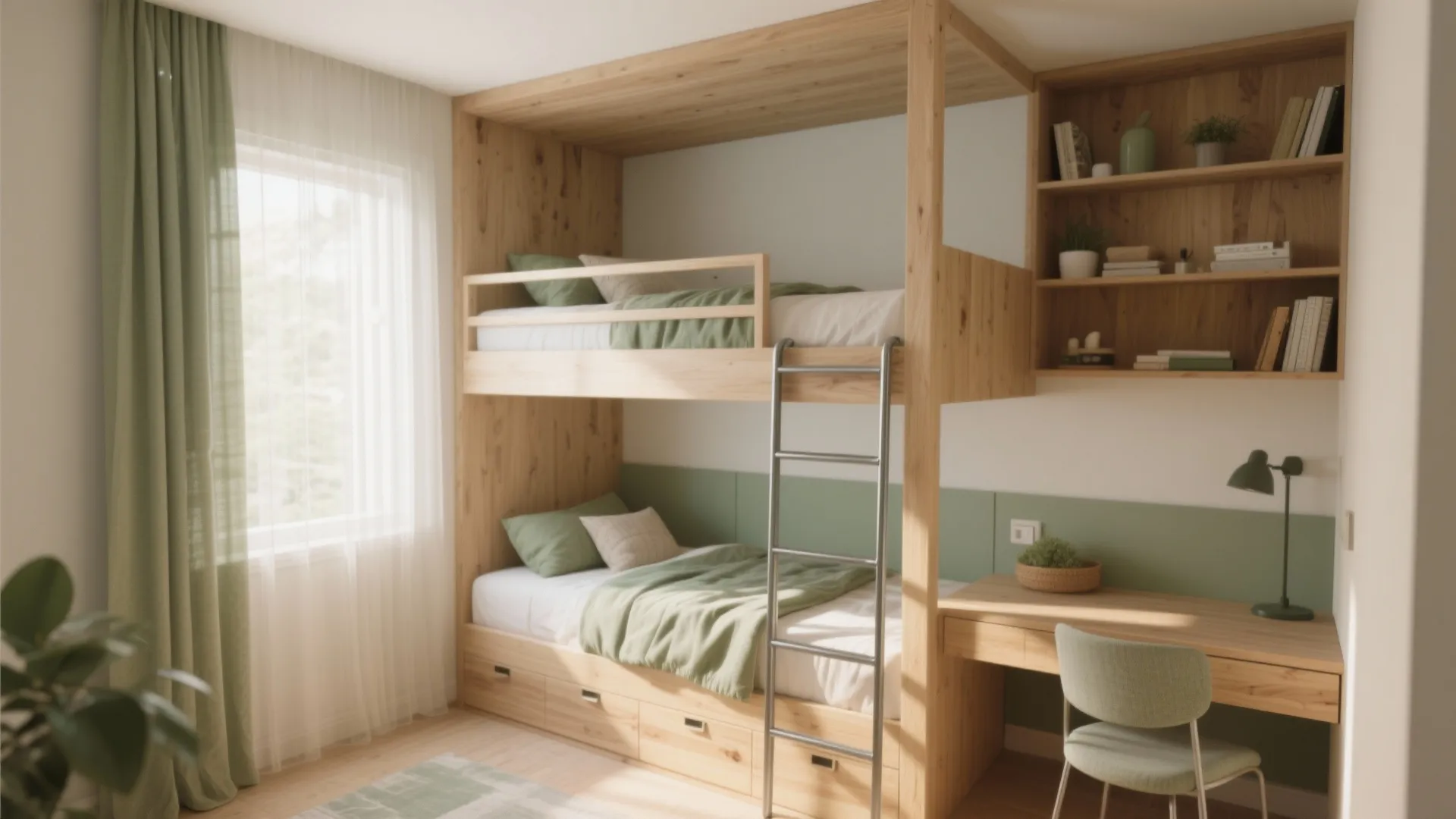 Wooden bunk bed with green pillows and blankets next to a desk and wall shelves