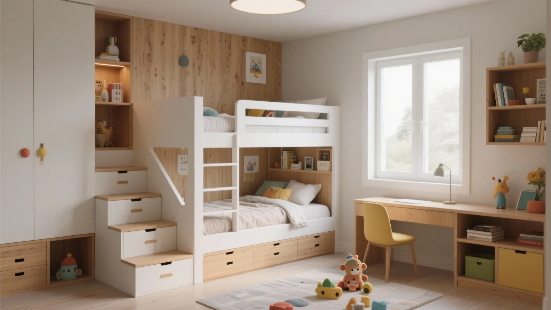 White bunk bed with storage stairs next to a wooden desk and a yellow chair