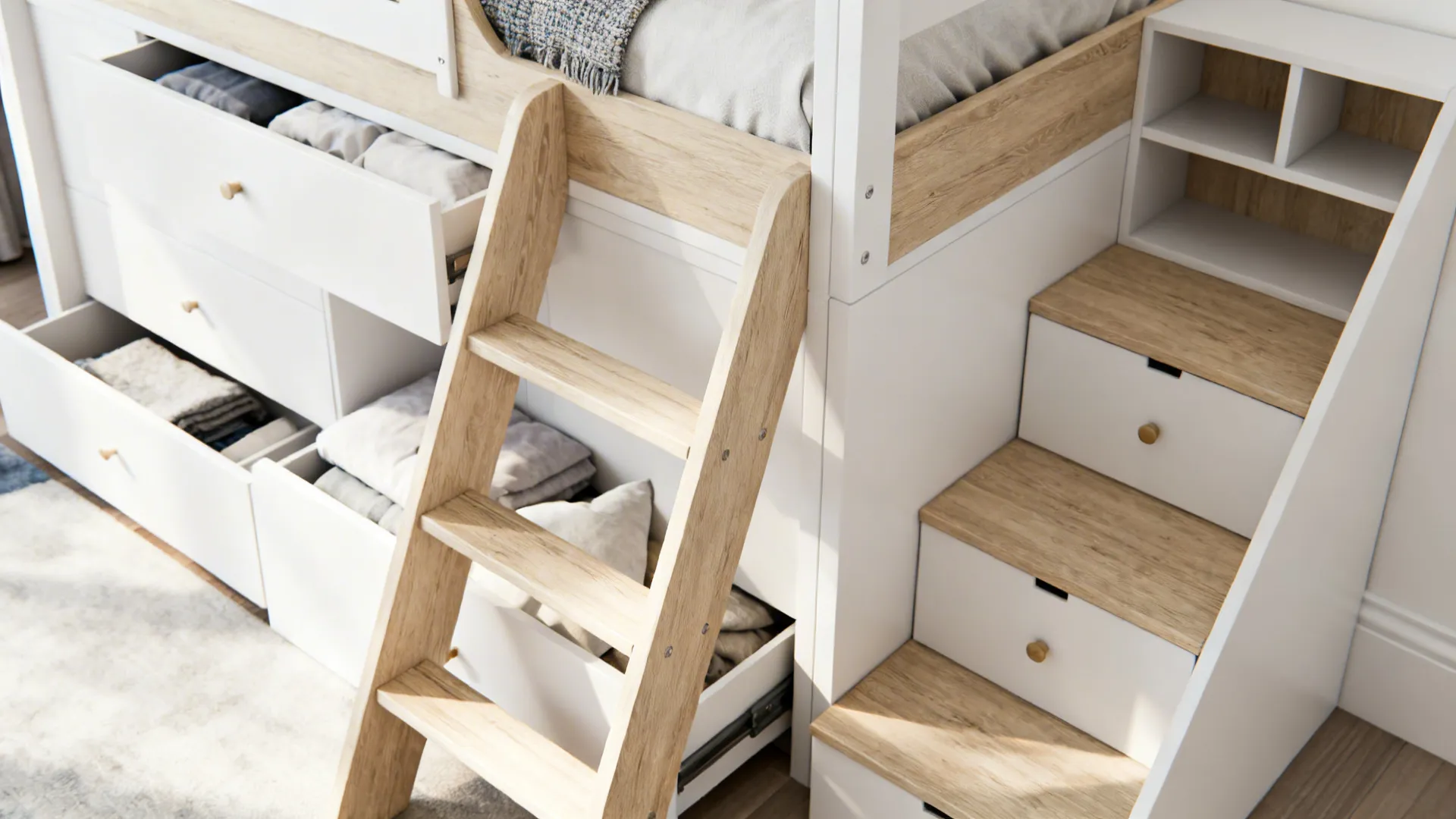 Modern bunk bed with built-in drawers and shelving in light oak and white