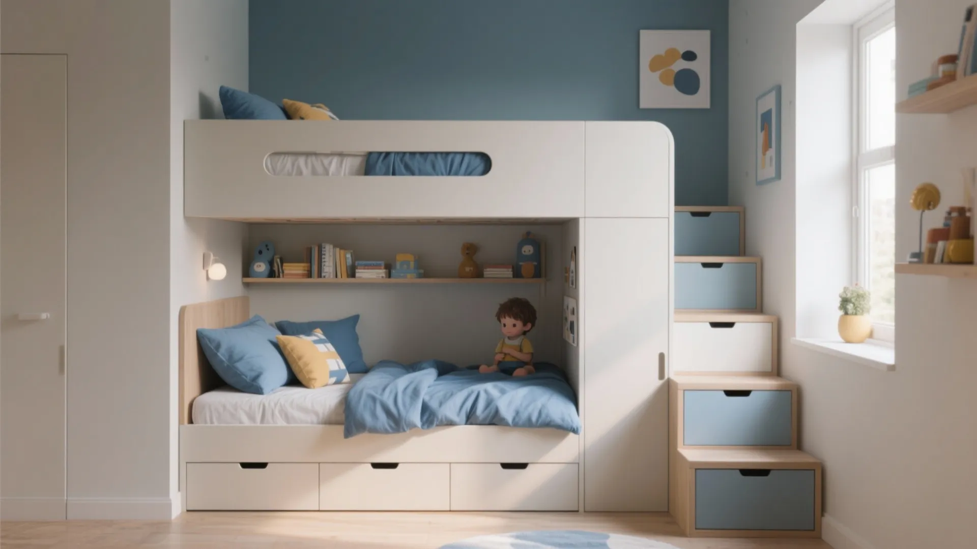 White and blue bunk bed with built in storage drawers and stairs in bright room