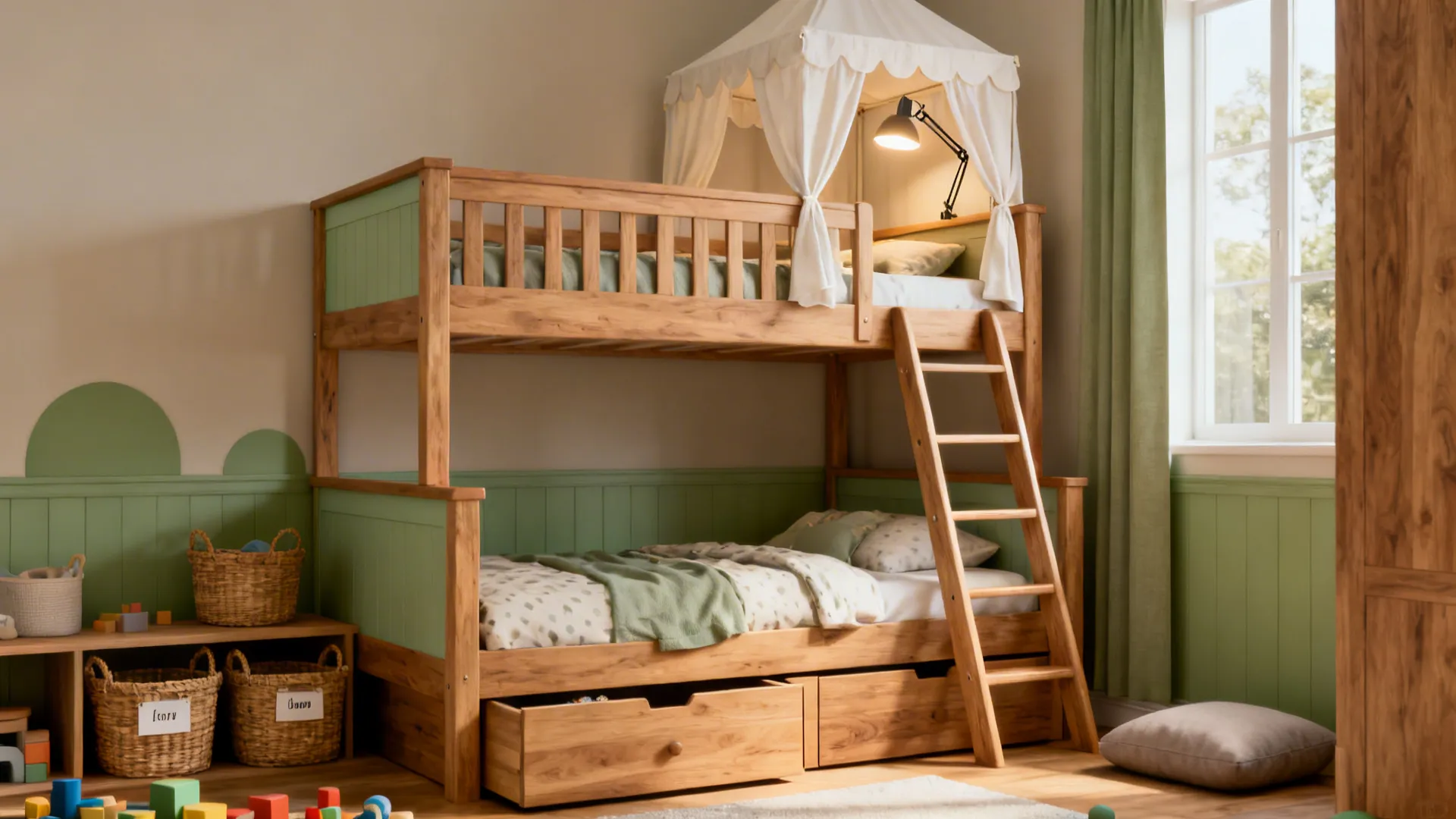 Bunk bed with guardrails and under-bed drawers, canopy reading nook on the top bunk.