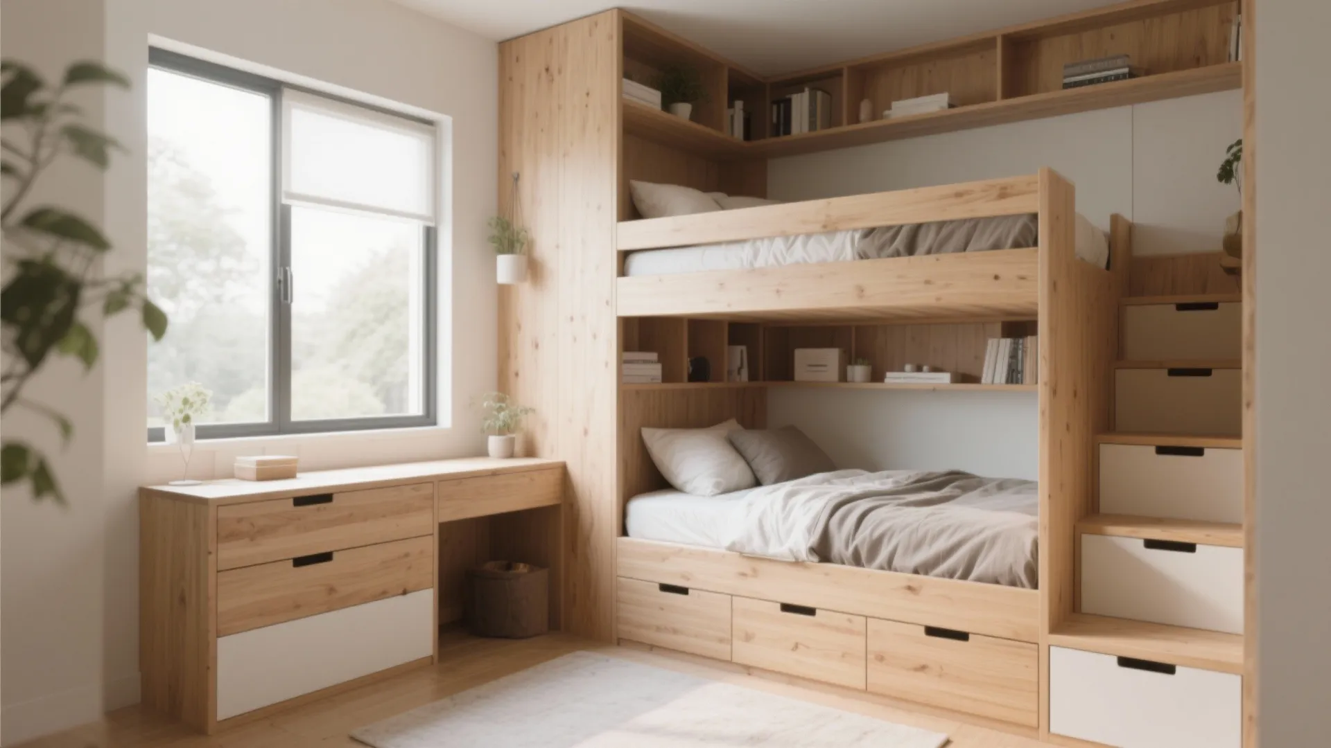 Wooden bunk beds with storage stairs built in bookshelves and a matching desk by window