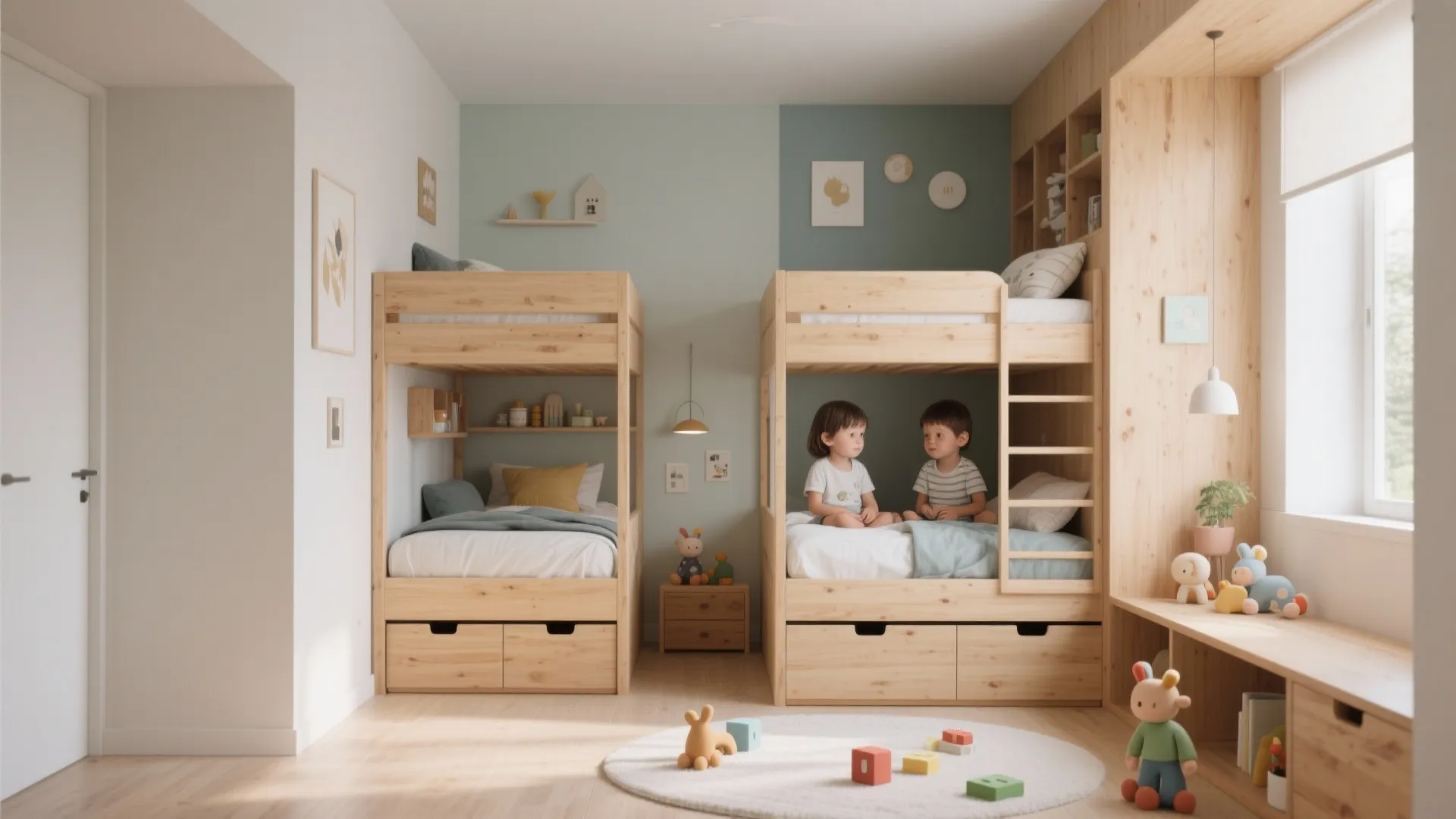 Kids bedroom with two wooden bunk beds featuring storage drawers and toys on white rug