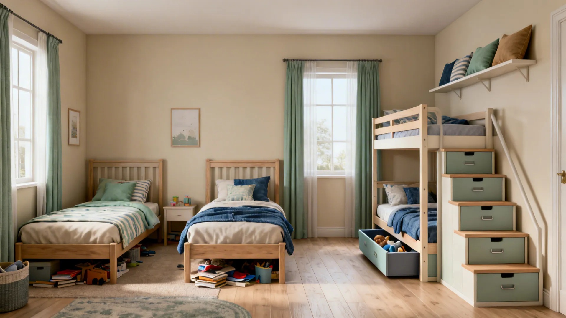 Before-and-after of a narrow room changing from two beds to a space-saving bunk.