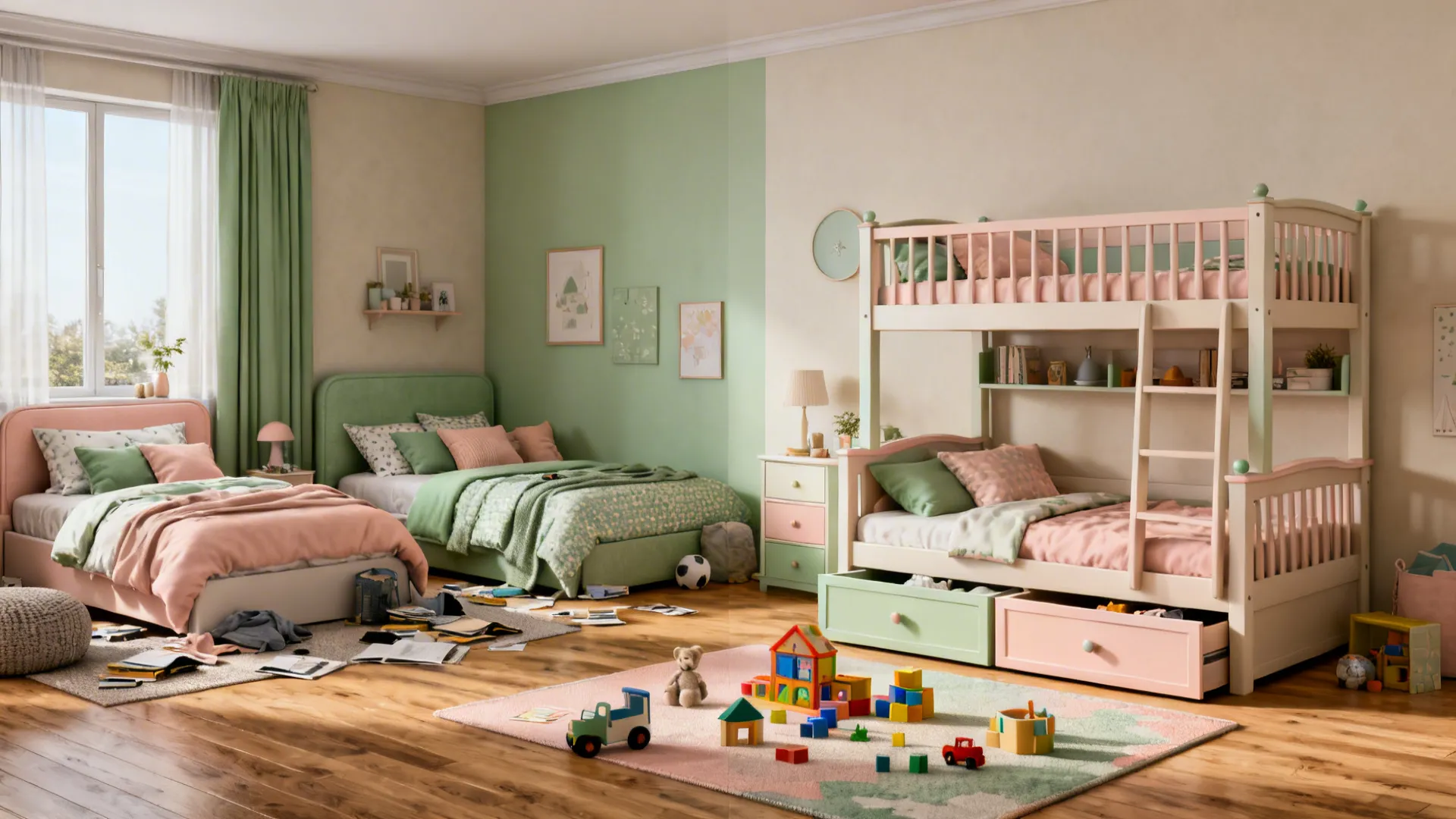 Before-and-after comparison from crowded twin beds to a tidy bunk with storage and open play space.