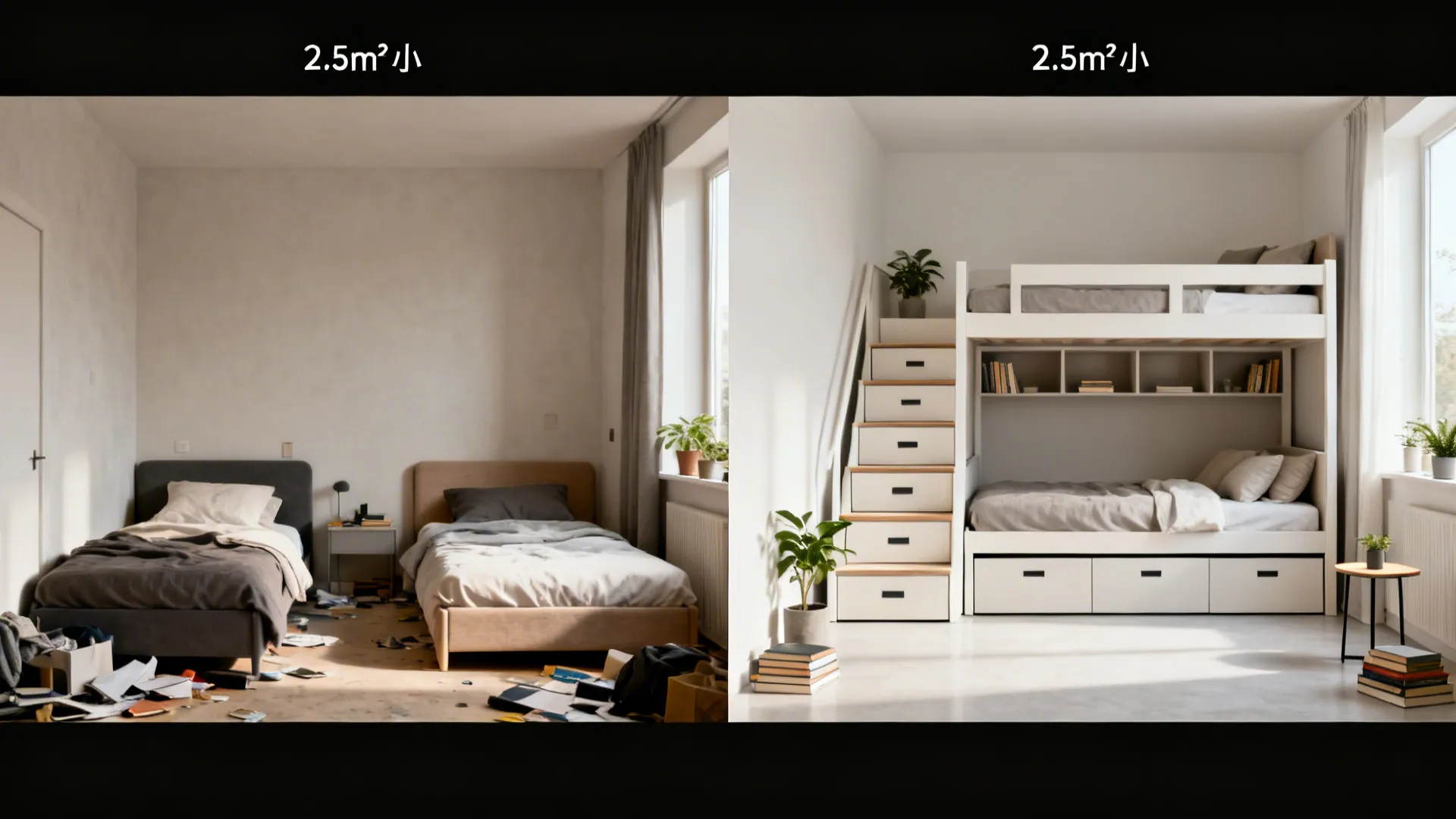 Before-and-after showing cluttered small room transformed with a minimalist storage bunk.
