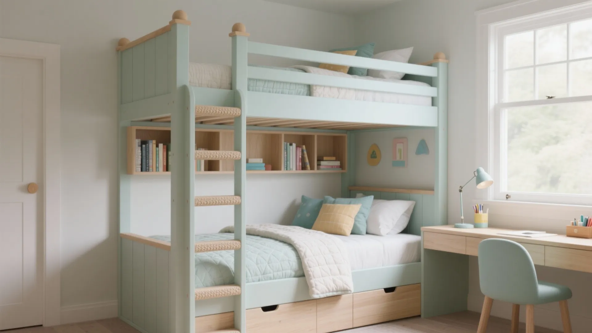 Mint green bunk bed with built in wooden shelves study desk chair and large window