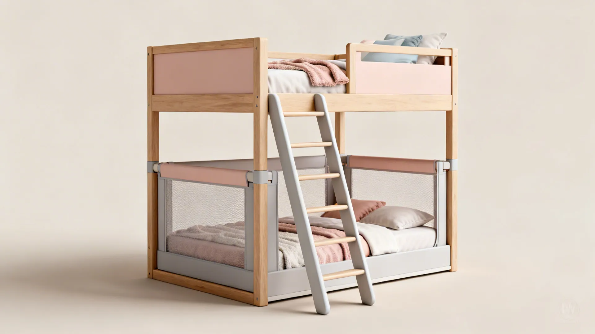 Wooden bunk bed design featuring a pink upper bed and a mesh baby crib below