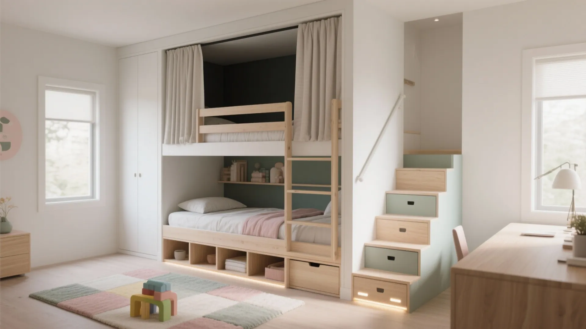 Vertical bunk with privacy curtains and storage stairs