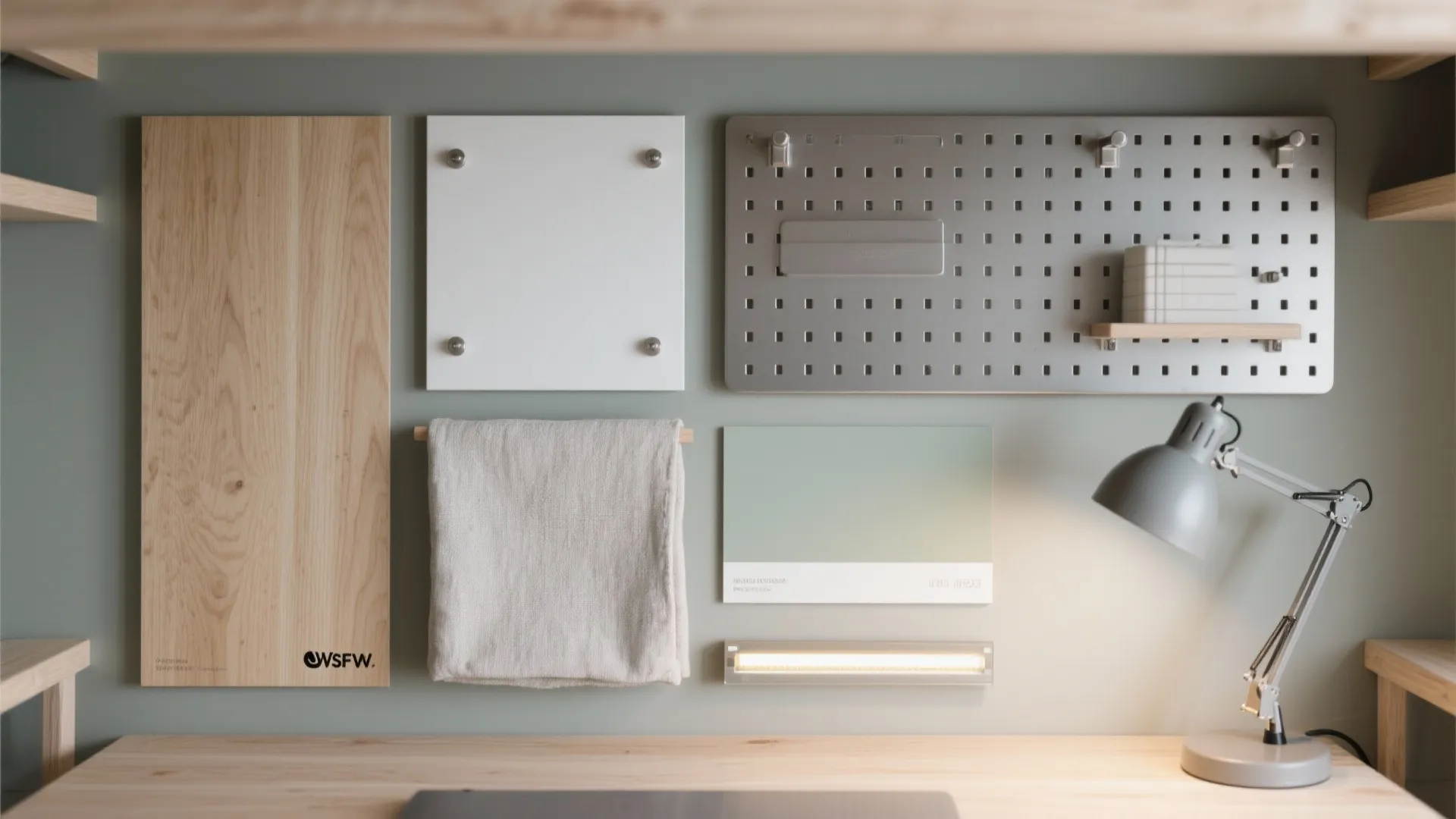 Flatlay of light oak, melamine, aluminum hardware, pegboard, linen, and paint chips.