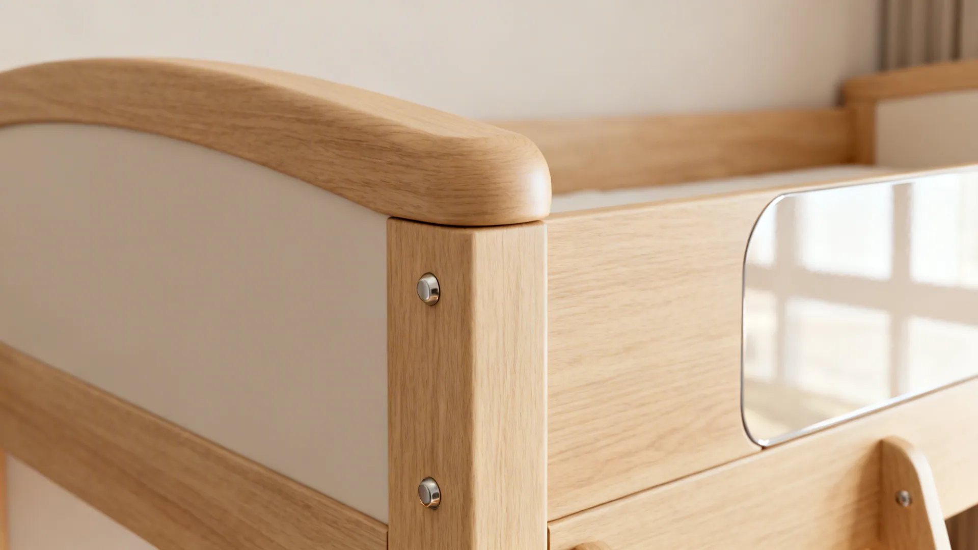 Macro of rounded ash veneer bunk corner with satin hardware reflecting soft light.