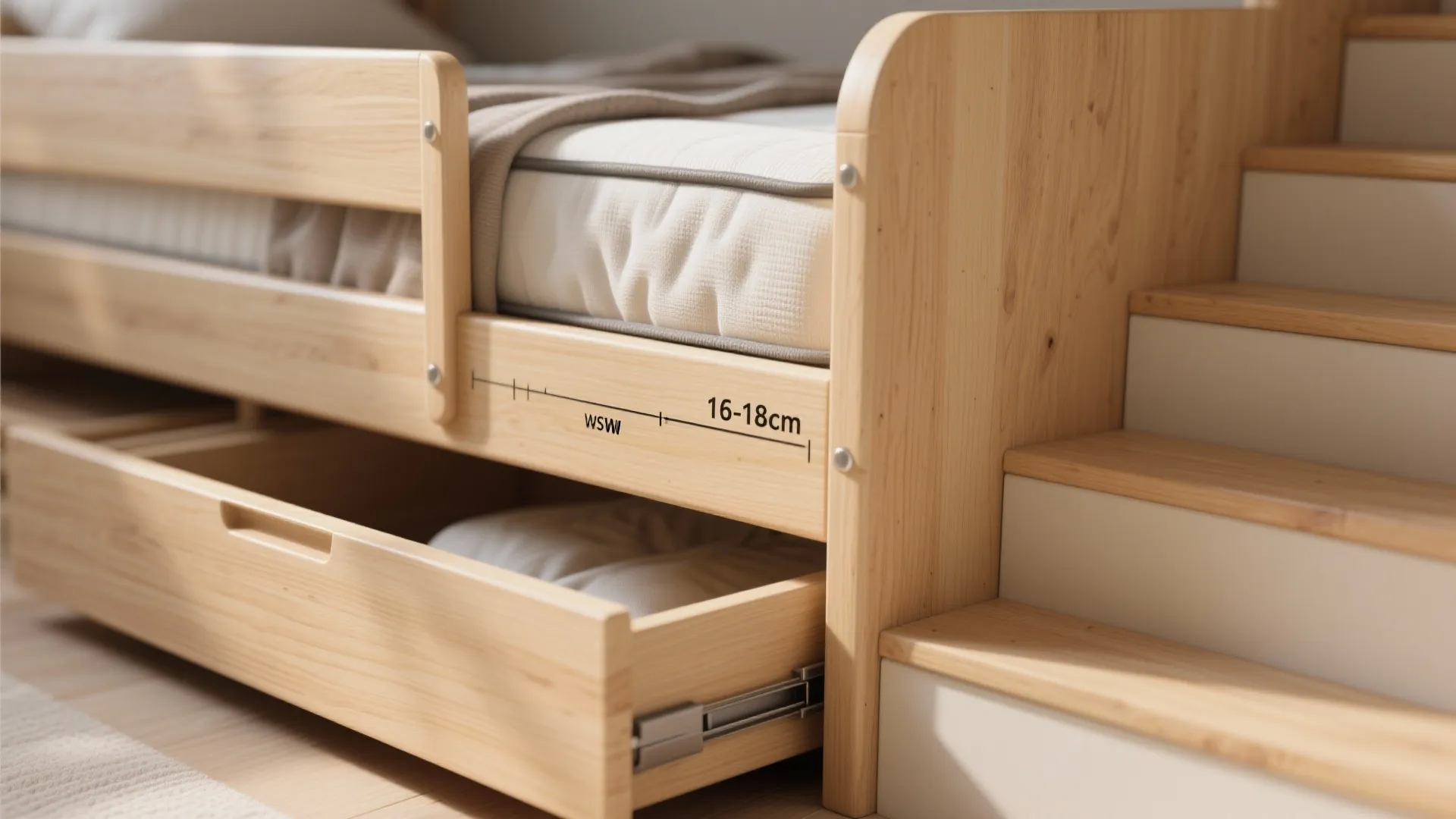 Macro close-up of bunk guardrail, slim mattress edge, and staircase drawer hardware highlighting safety and materials.