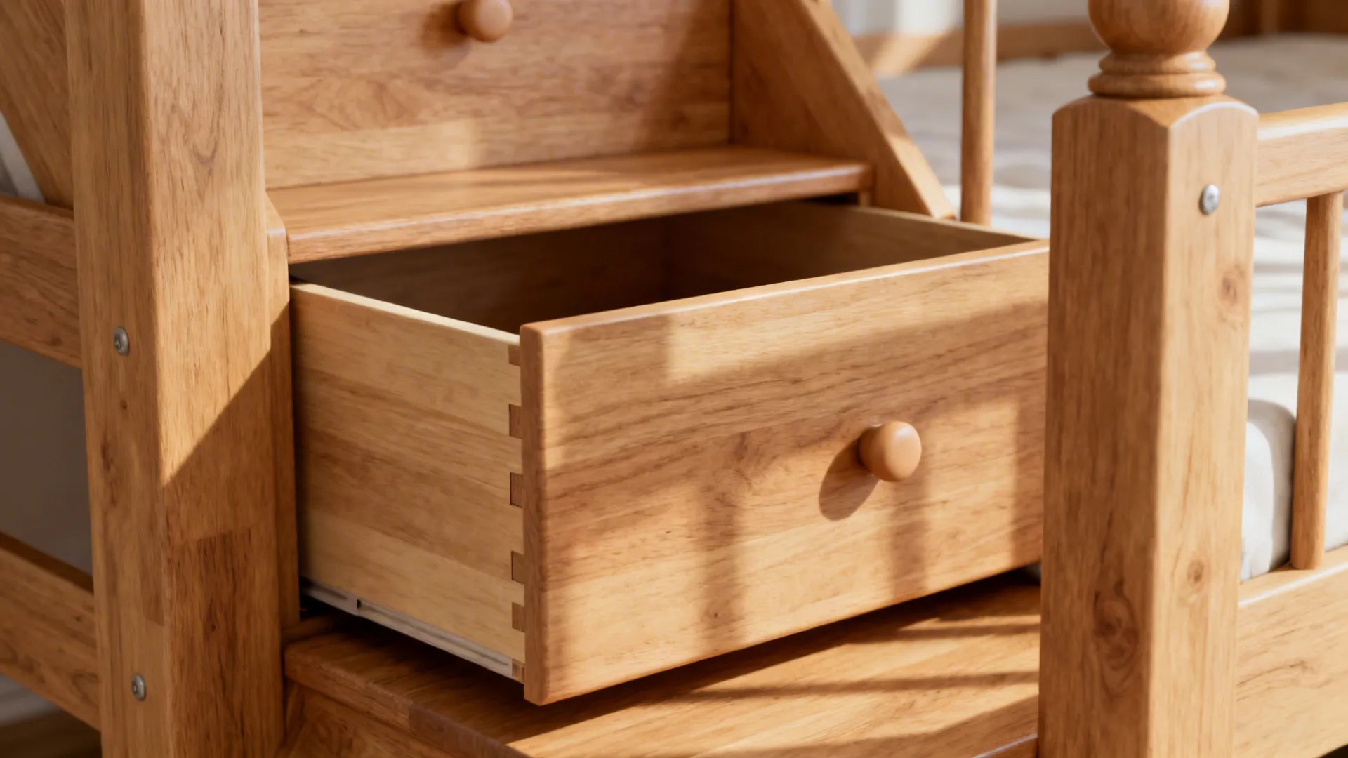 Close-up of a bunk bed stair drawer with soft-close hardware and rounded edges.