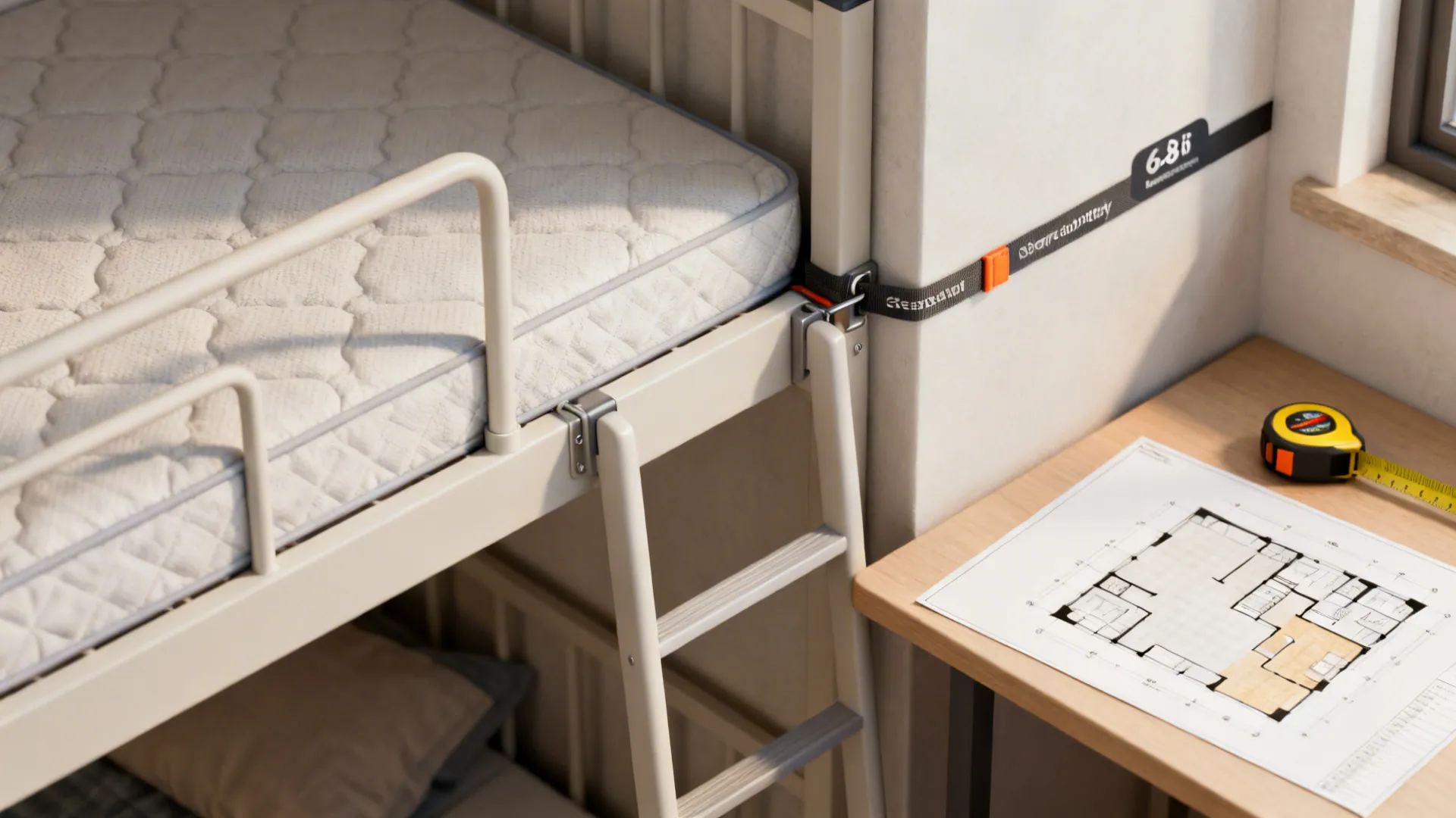 Close-up of bunk safety details: mattress thickness, guardrail, ladder attachment and a 3D floor plan.
