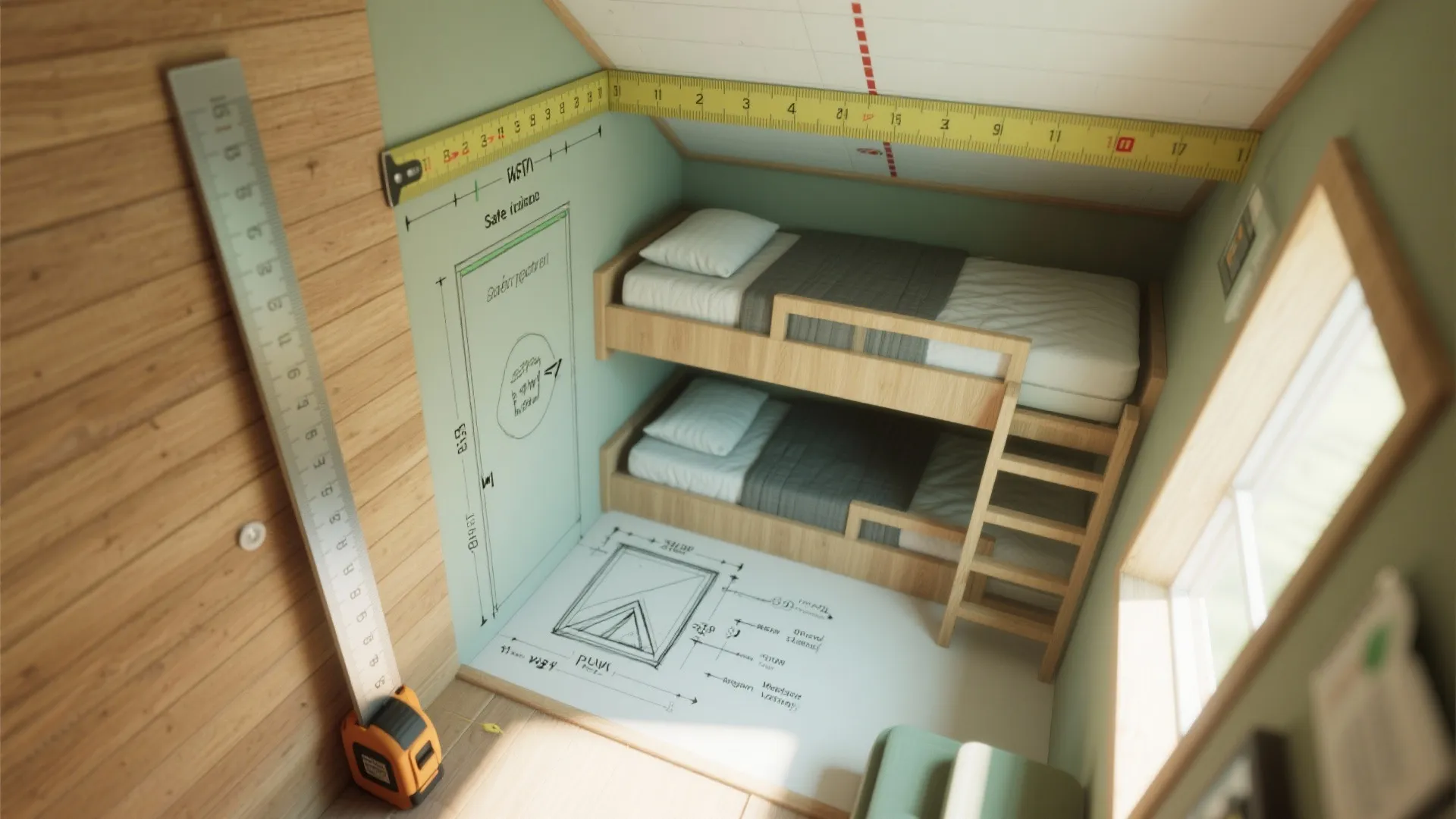 Bunk bed in small room with sloped ceiling showing wall measurements using yellow tape measure