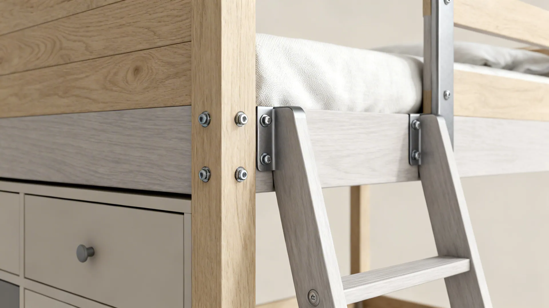 Close-up of bunk bed hardware, guardrail, anchor bolt and washable textiles