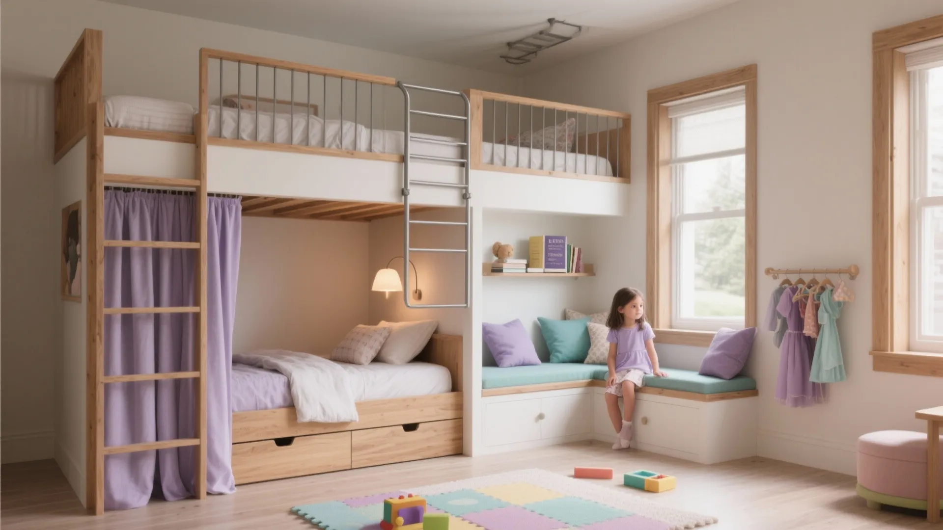 Kids bedroom with a wooden loft bed purple curtains and a cozy window seating area