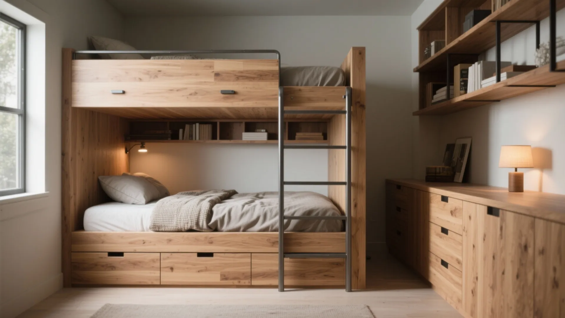 Wooden bunk bed with built in drawers and ladder next to a matching storage cabinet