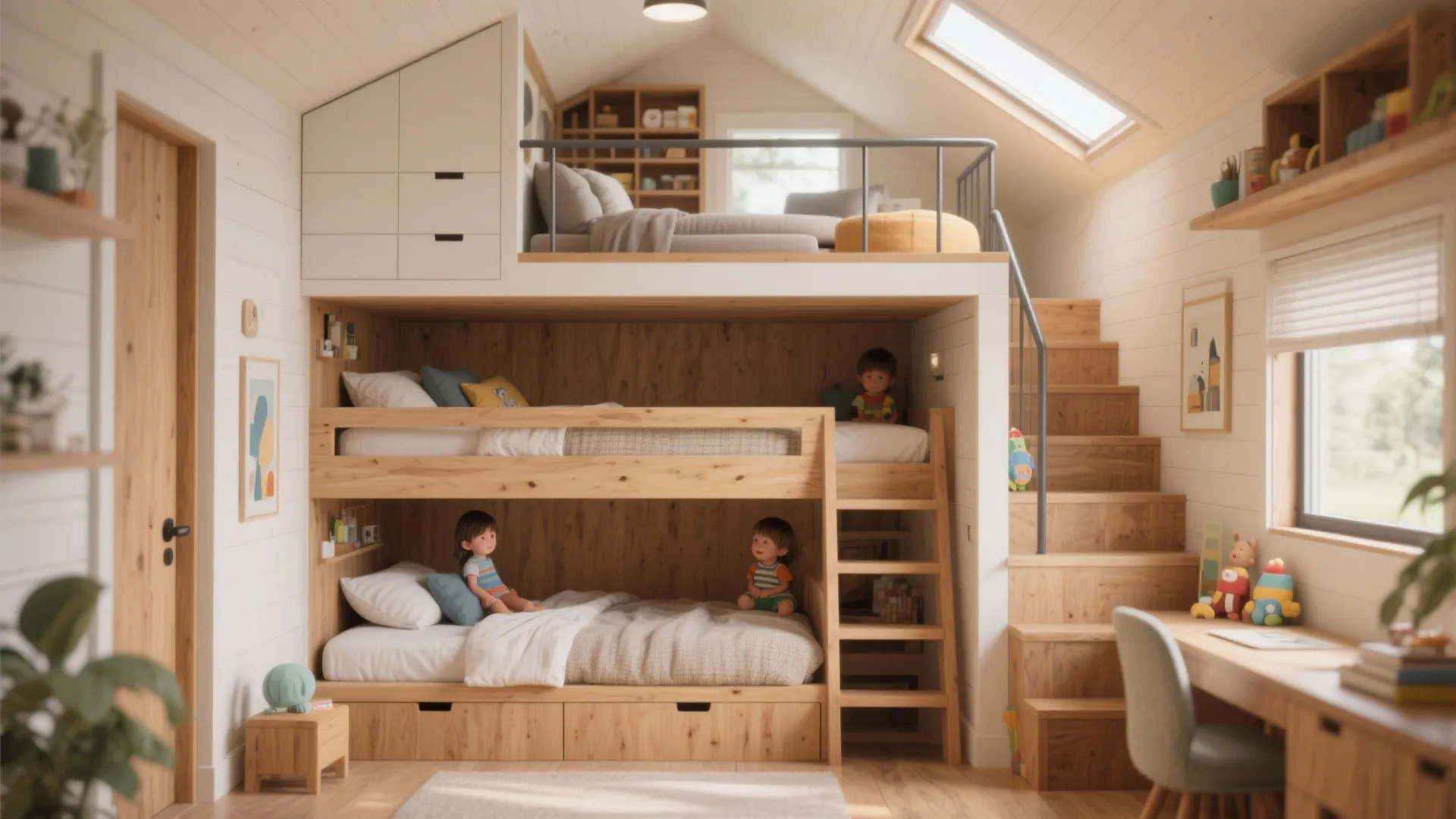 Kids' bunk room with built-in bunks and visible loft above living area with storage-integrated steps