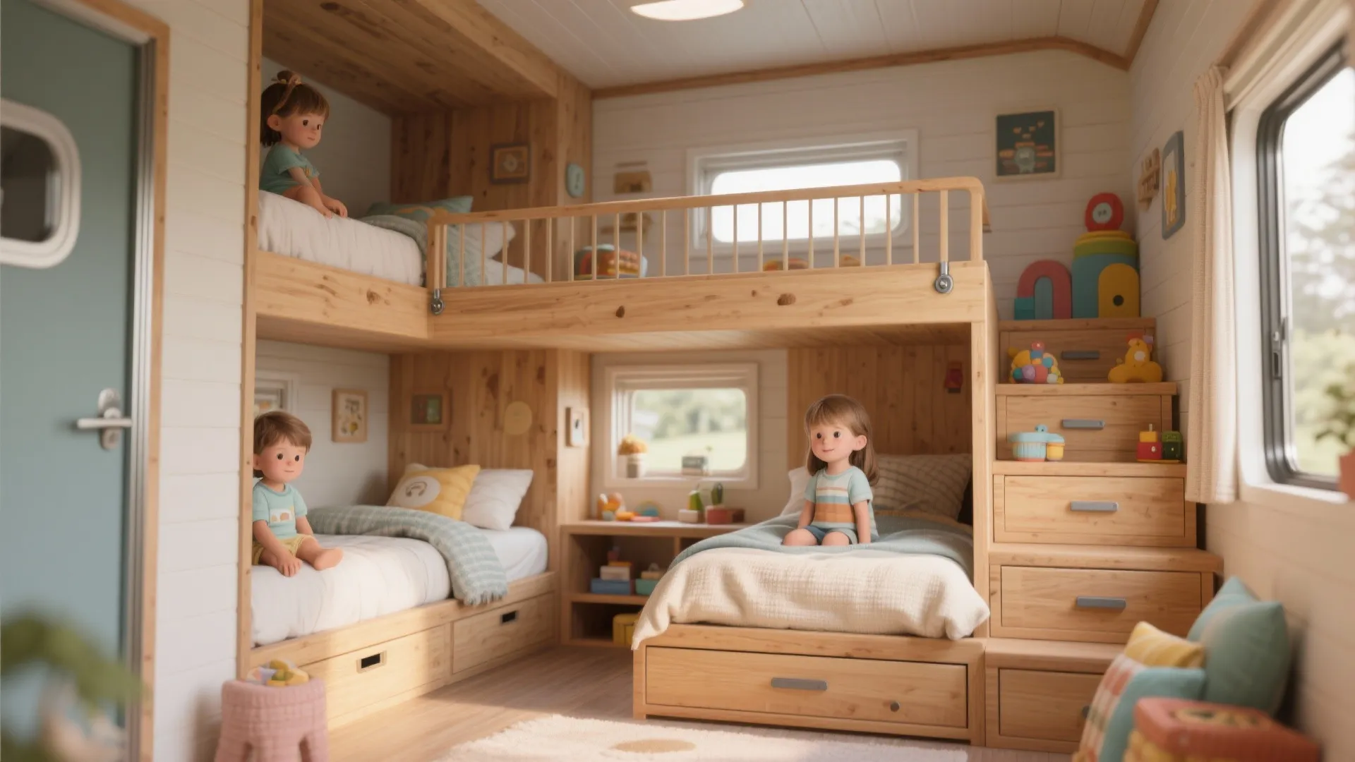 Kids' room with built-in bunk beds and a low loft with storage in a mobile home