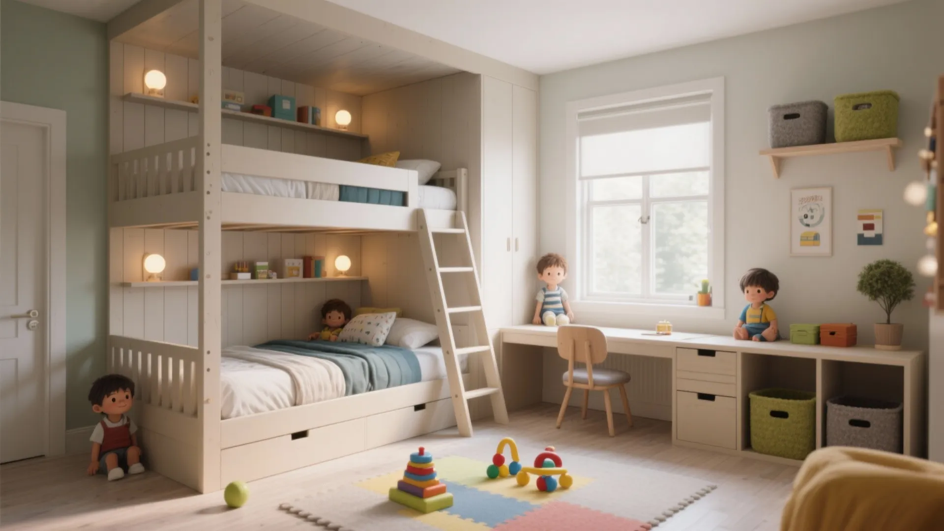 Shared kids room with white bunk bed wooden ladder long desk wall shelf and colorful rug