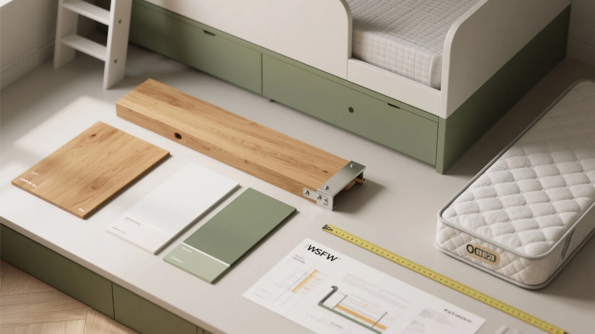 Top-down flatlay of materials and tools for planning bunks: wood samples, metal detail, color swatches, measuring tape and safety guide.
