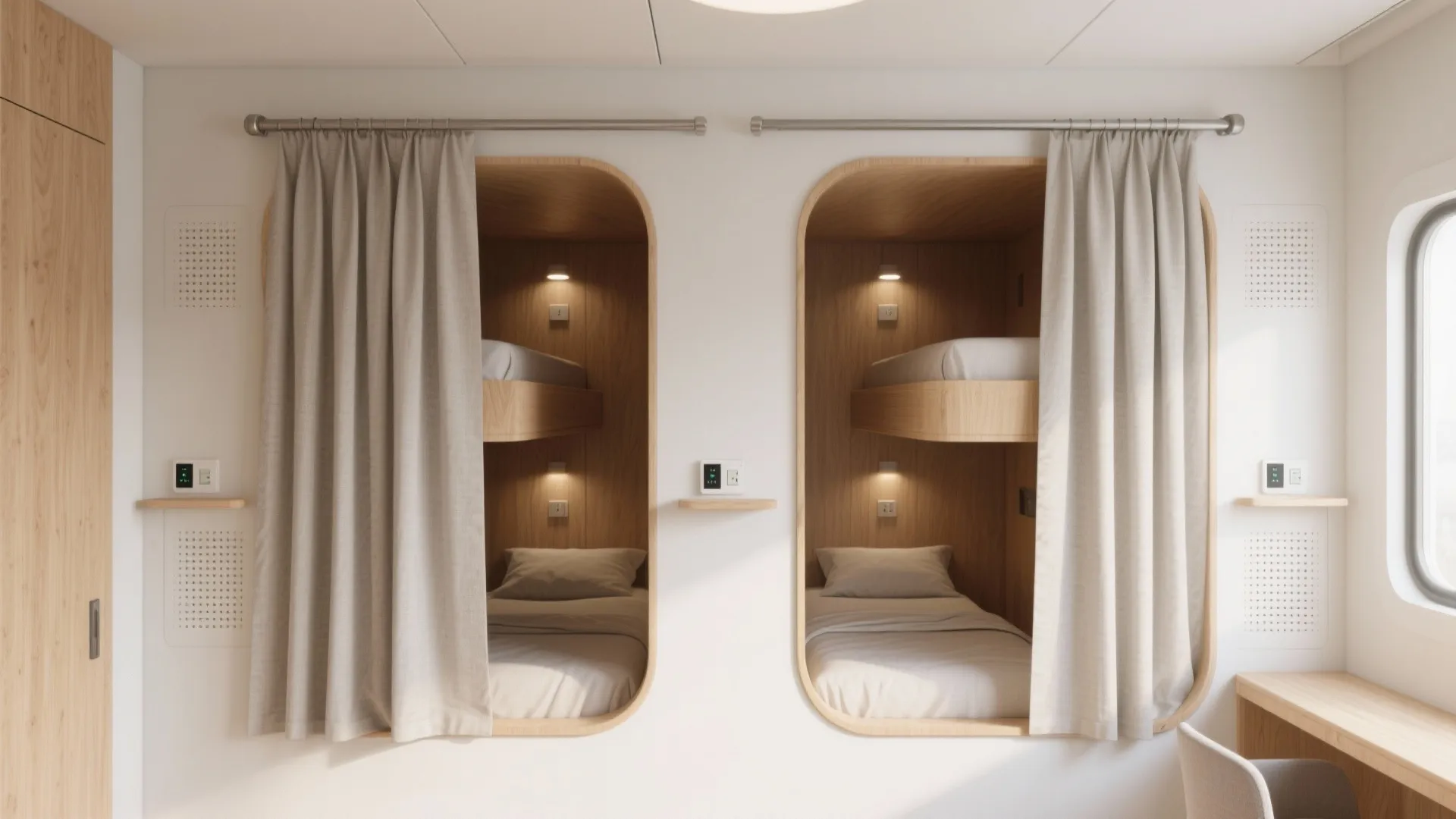 Modern white wall with two wooden bunk bed niches including grey curtains and small lights