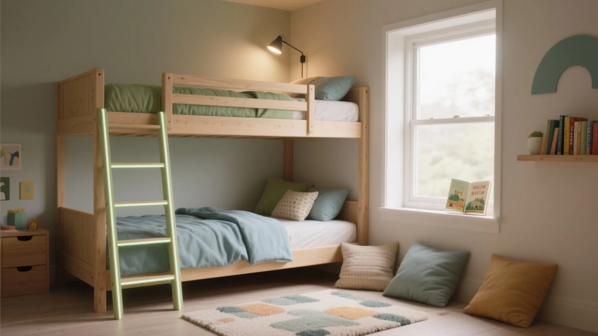 Wooden bunk bed with green bedding next to a window with cushions and a rug