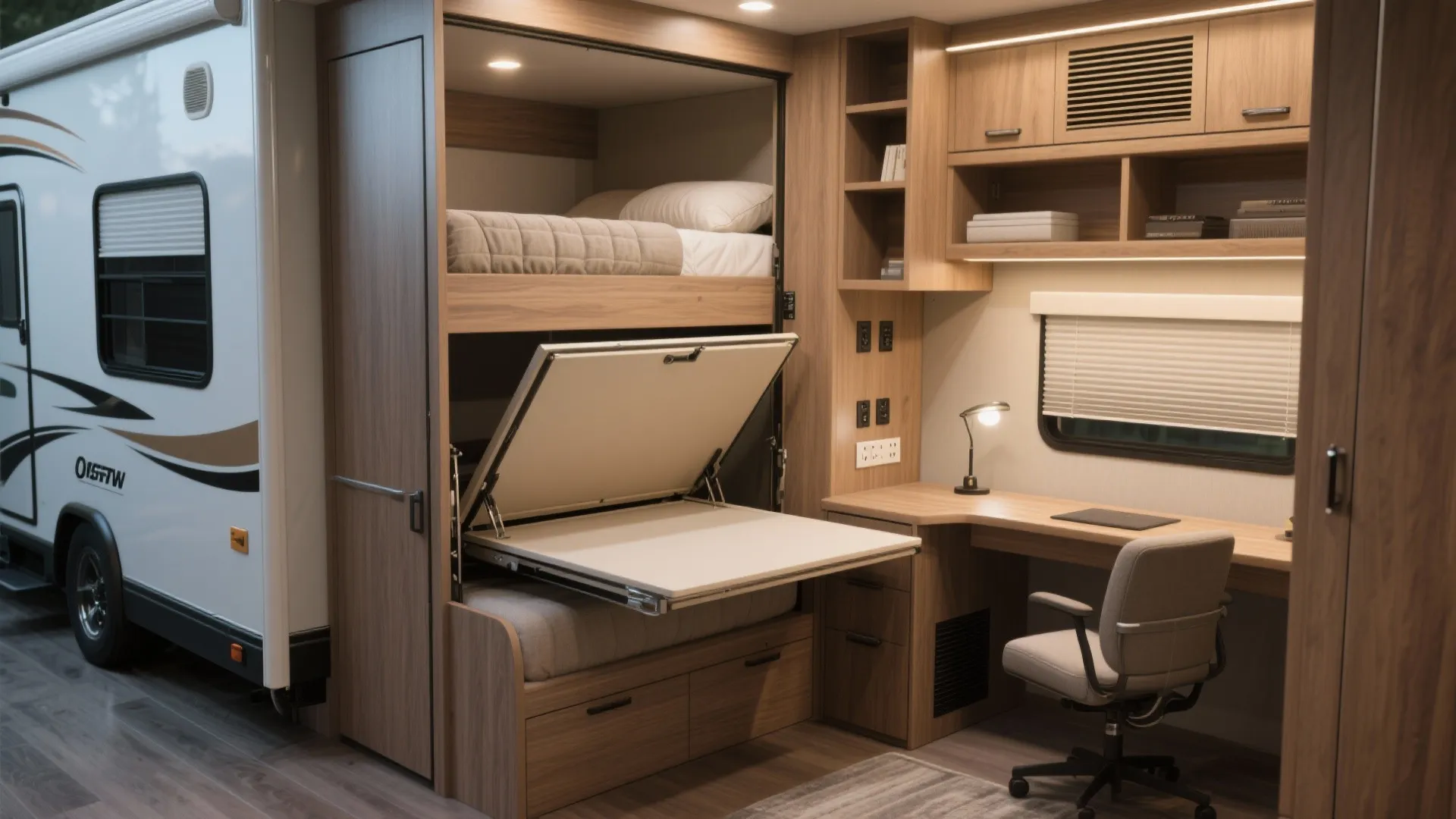 Murphy bed folded up to form a desk in a multifunction bunk/office room with built-in shelving.