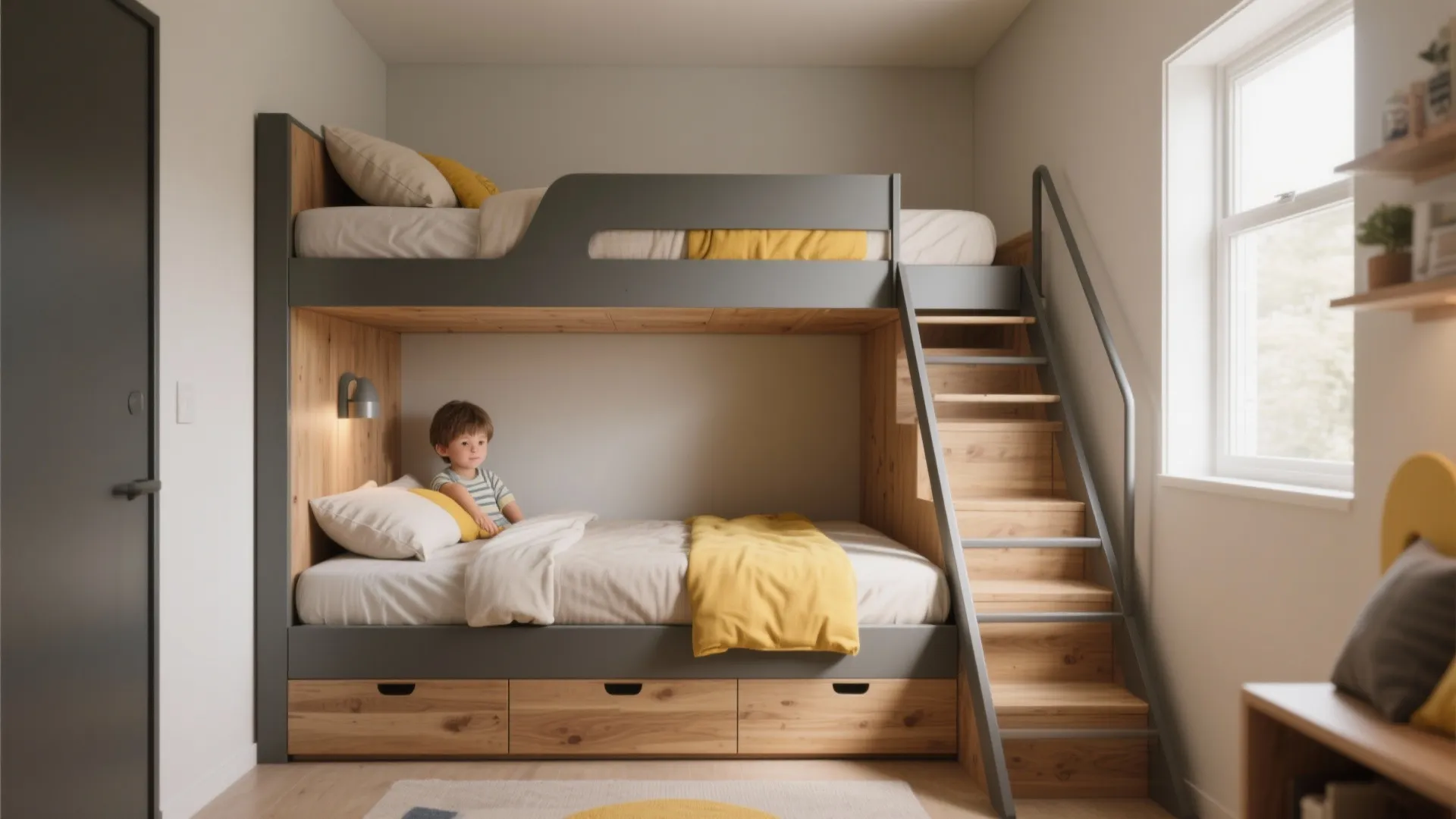 Grey wooden bunk bed with stairs and storage drawers in a bright child bedroom setting