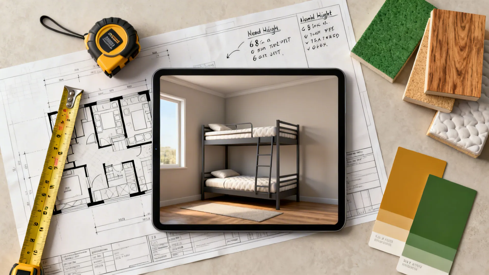 Top-down flatlay of floor plan, measuring tools, mattress swatches and color chips for bunk planning