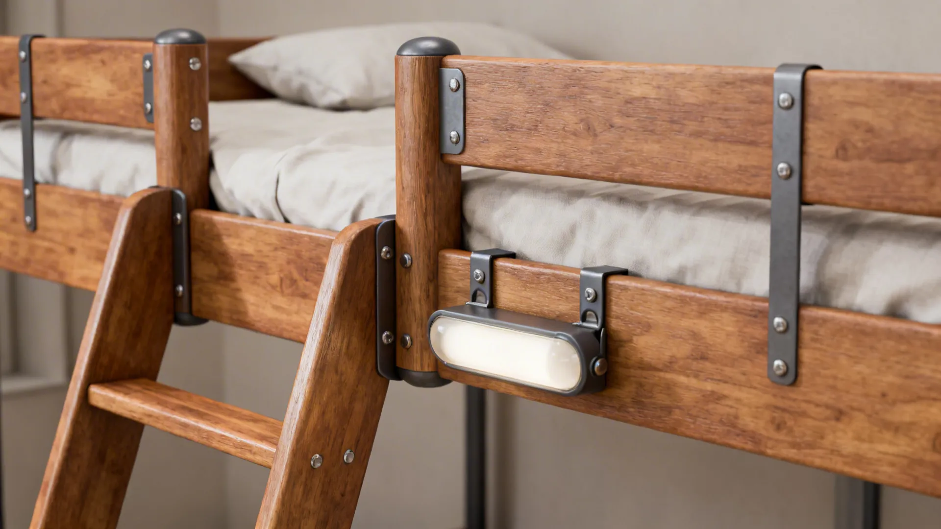 Close-up of bunk bed guardrail with rounded edges and secure fittings.