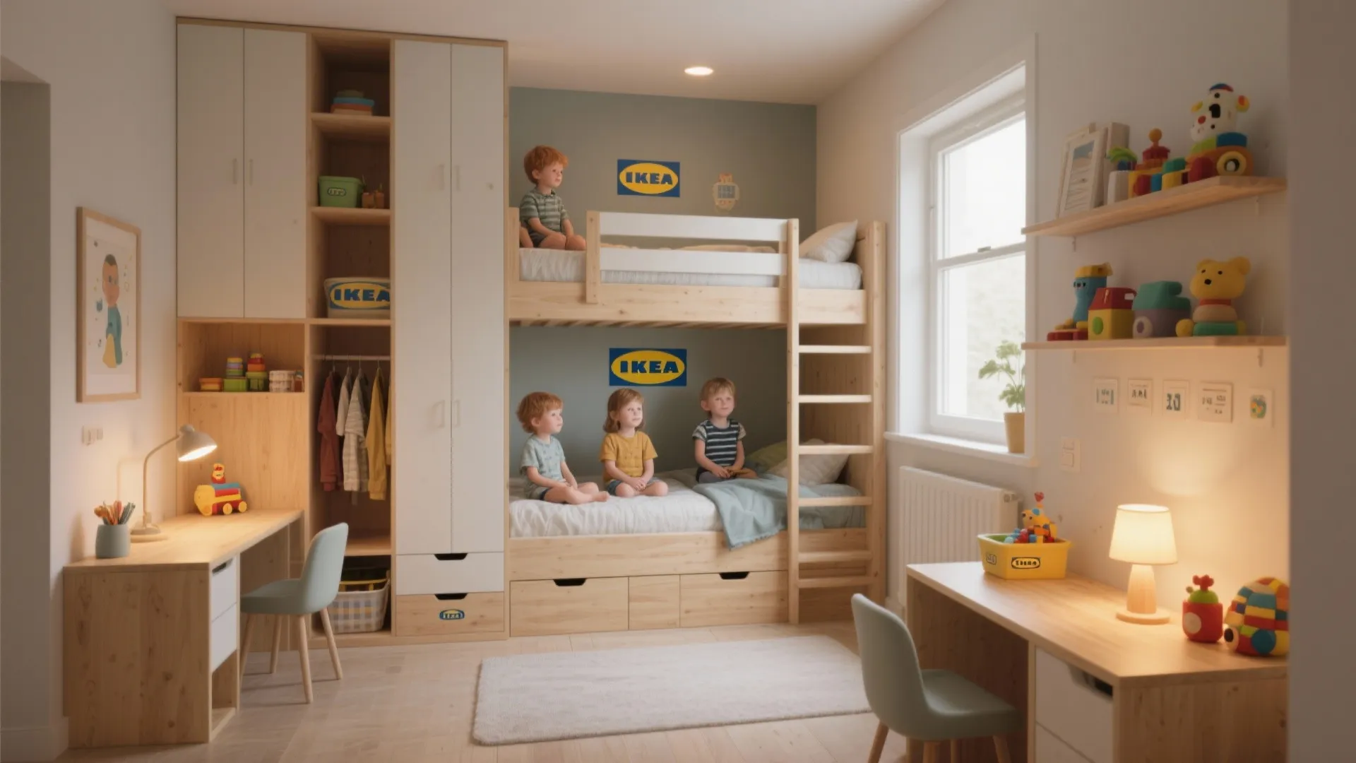 Kids sitting on wooden bunk beds in room with study desks, cabinets, and soft light