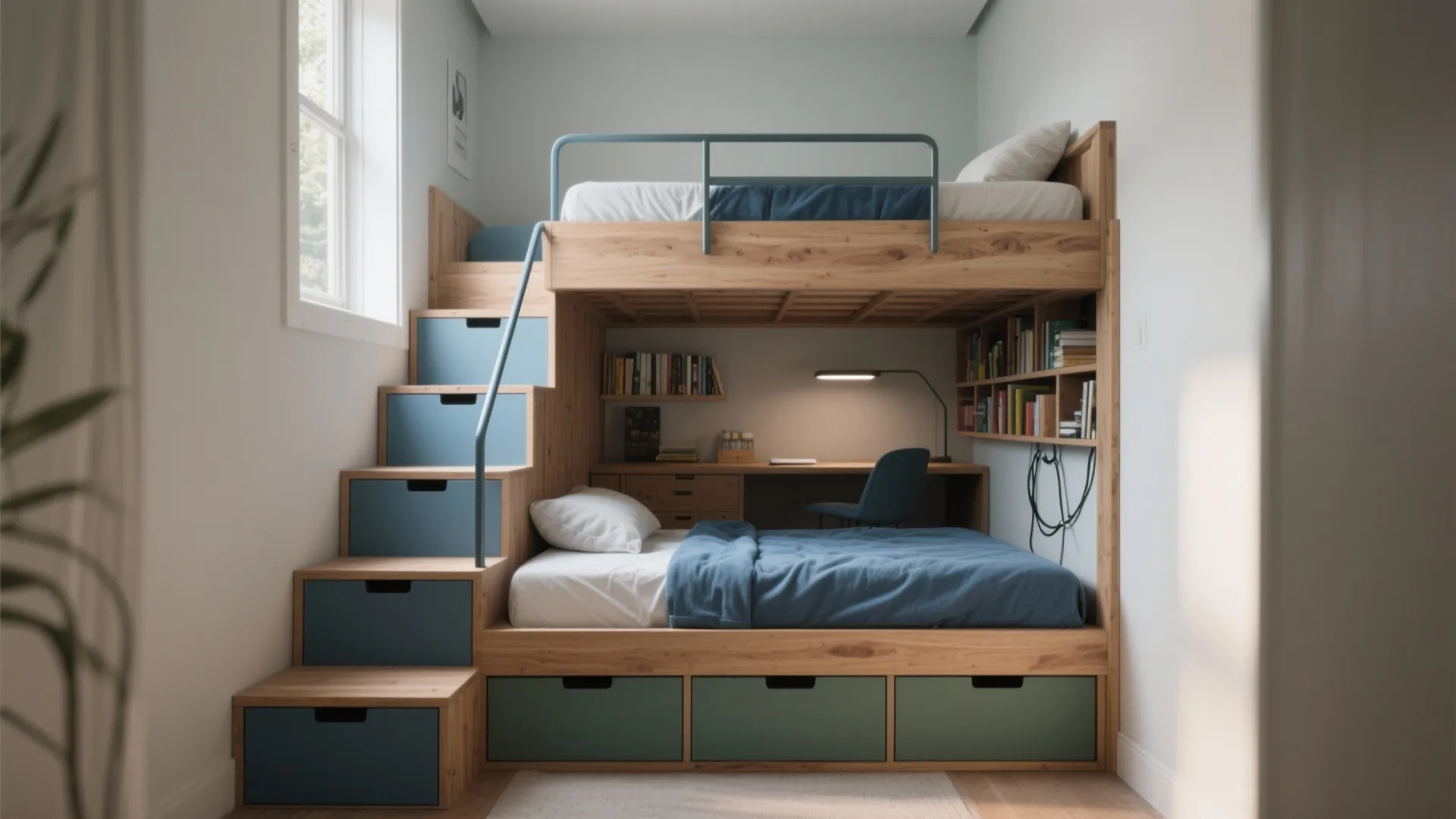 Wooden bunk bed with storage stairs blue drawers integrated desk bookshelves and comfortable blue bedding sets