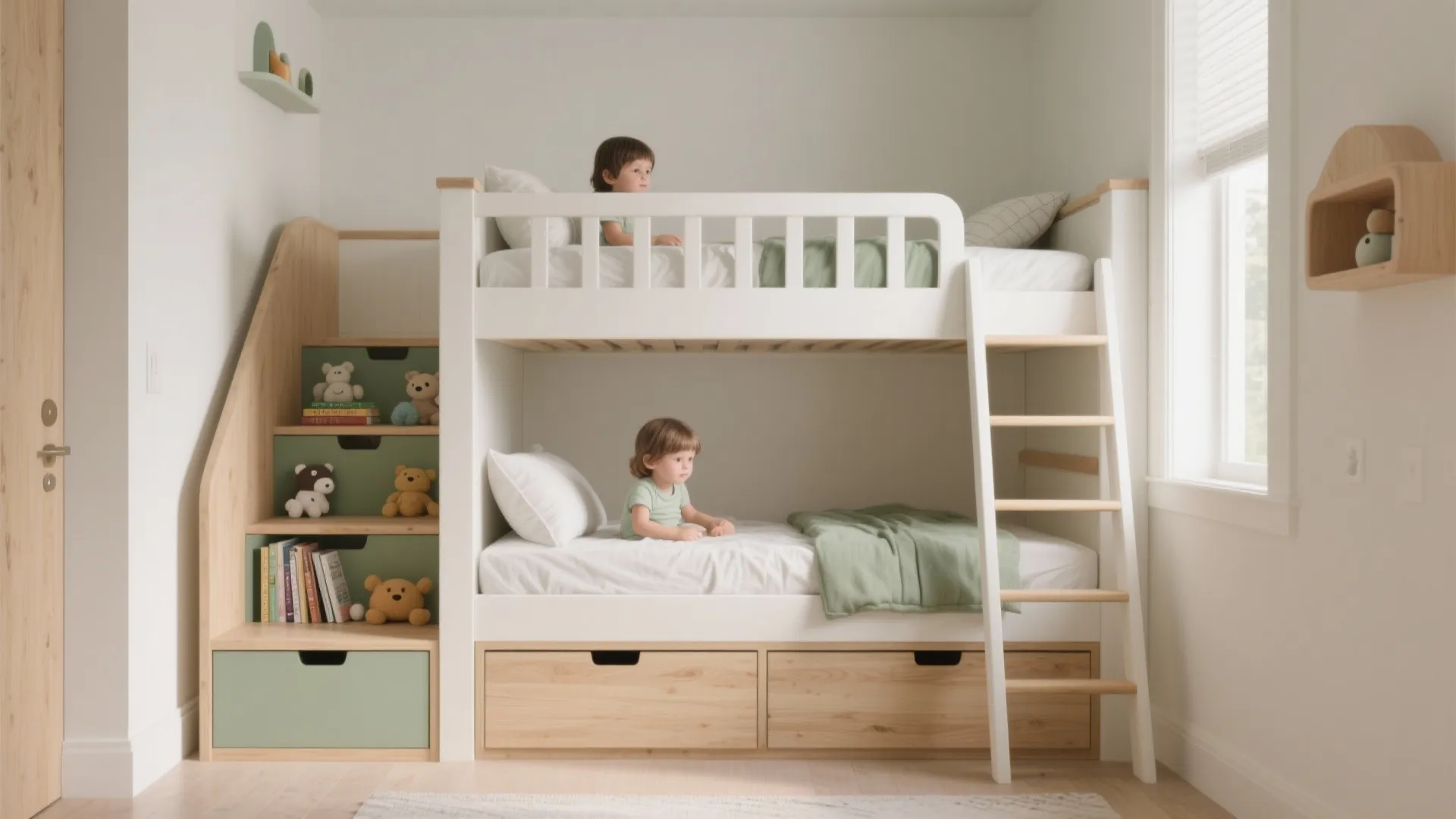 Bunk bed with stair drawers, guardrails, and oak-white finish in a bright kids room