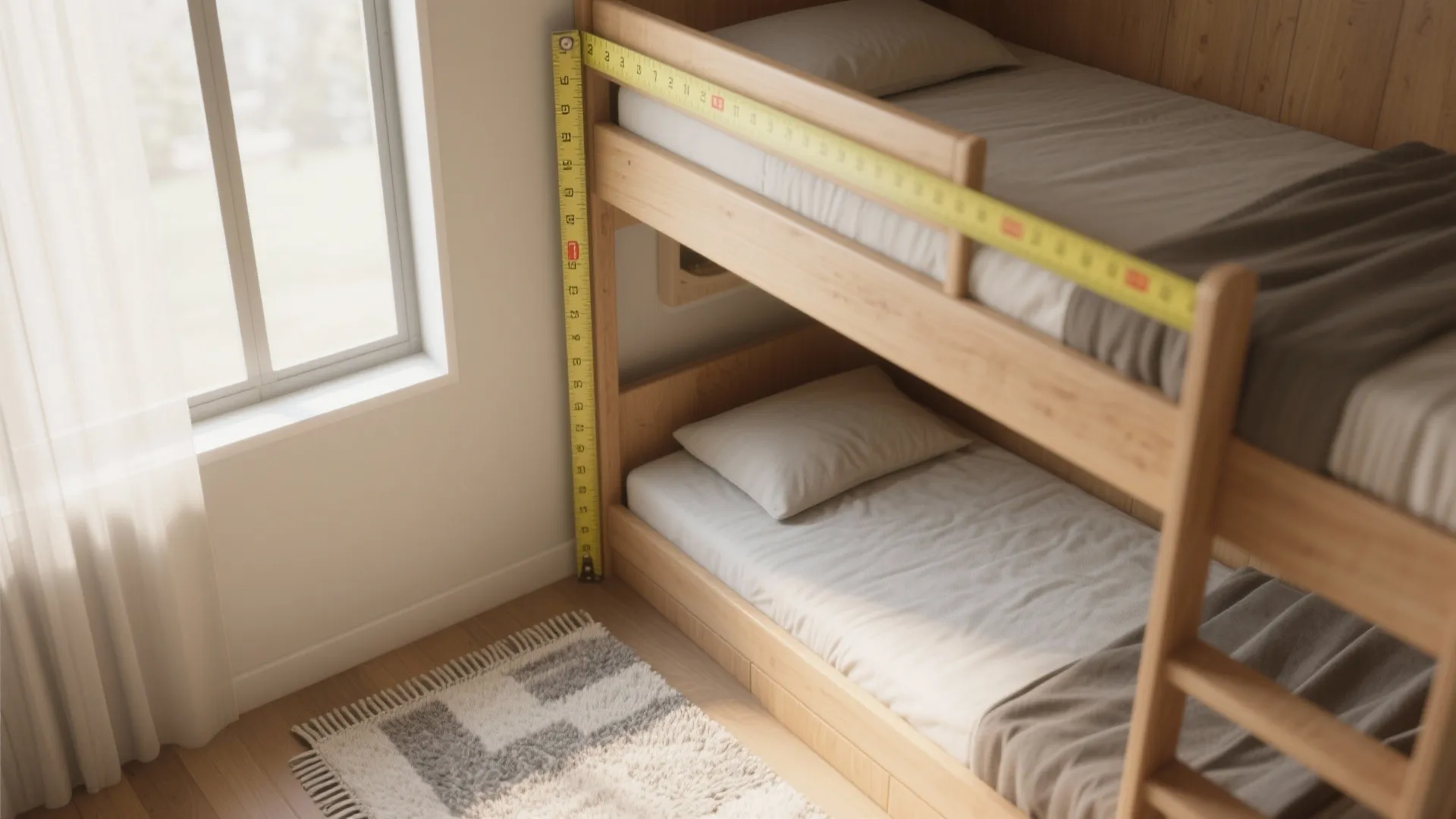 Yellow measuring tape checking the height and safety guardrail of a wooden bunk bed frame