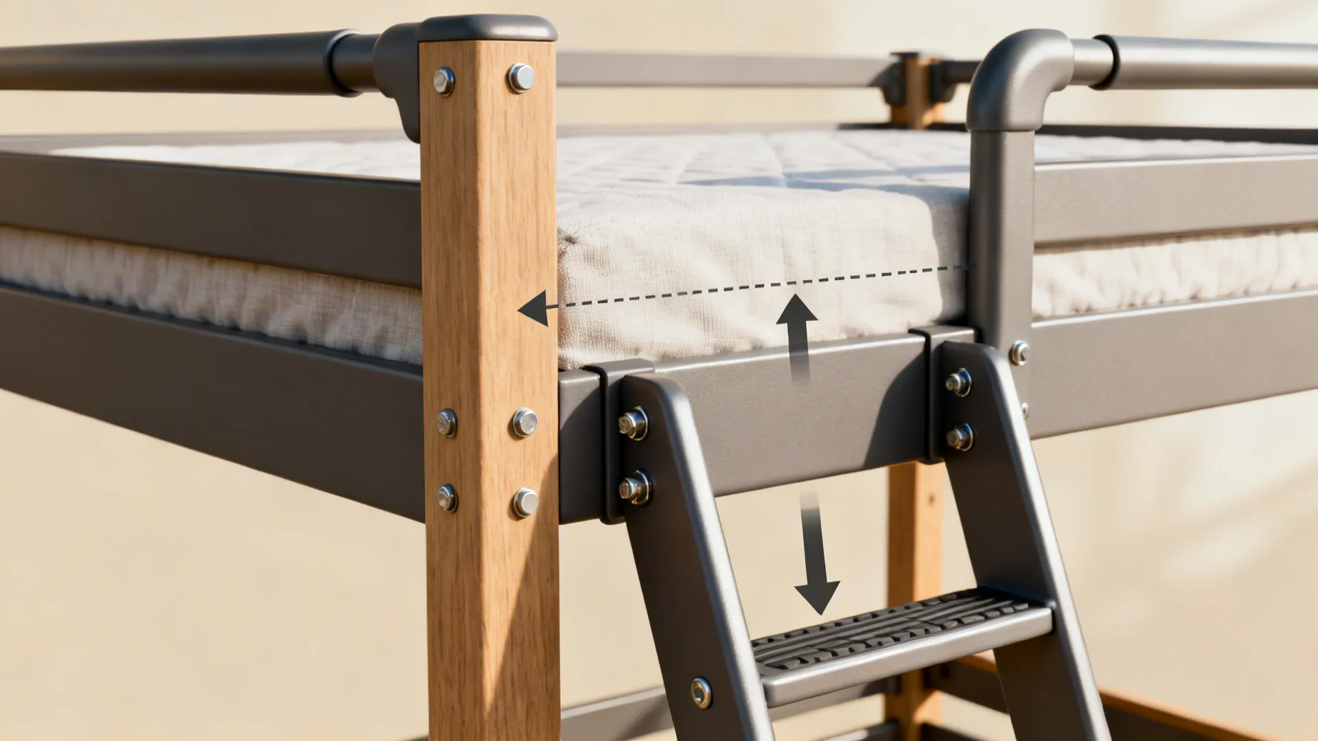 Detail of bunk bed showing wooden post metal ladder mattress and black safety pointing arrows