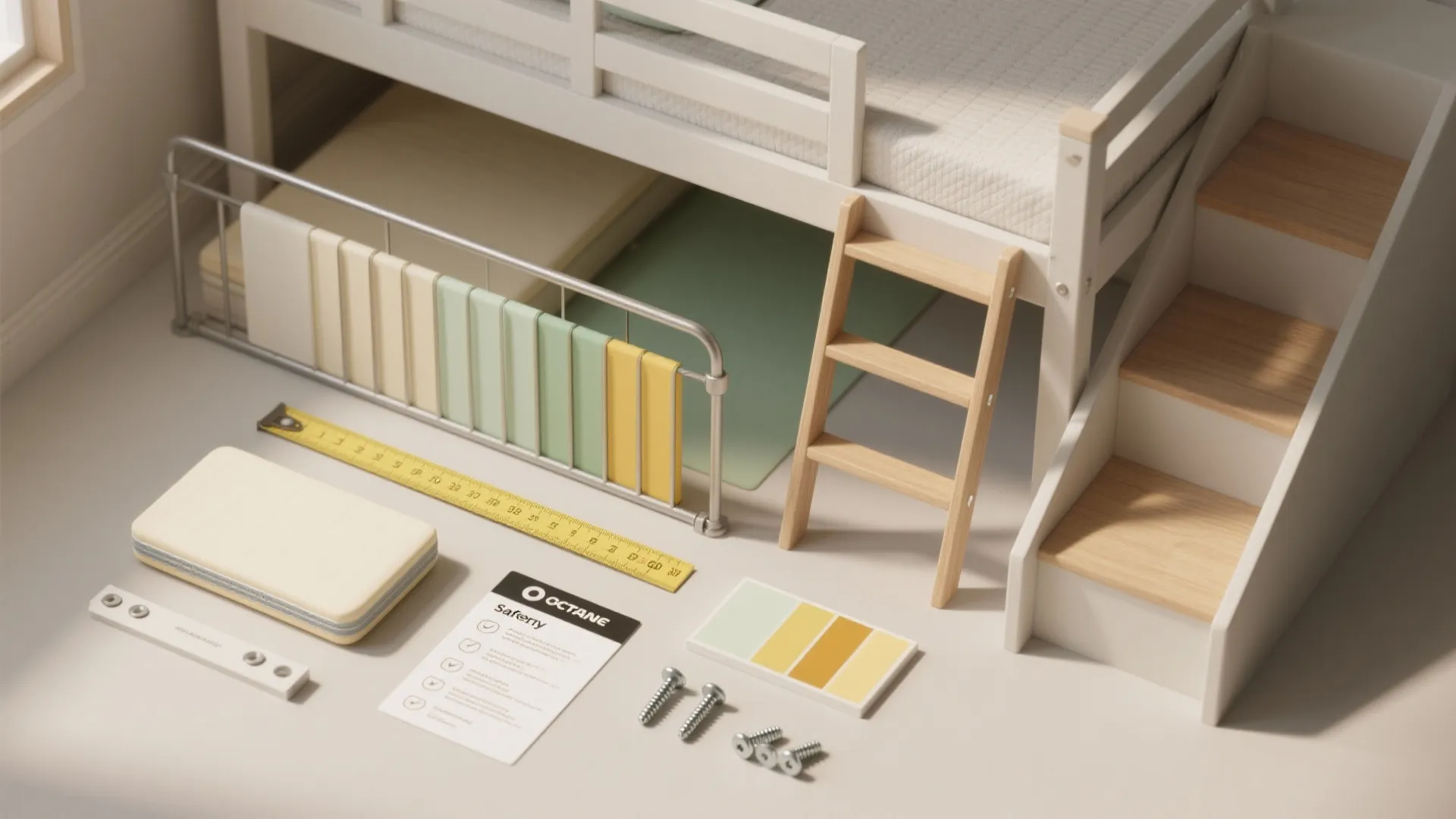 Safety checklist with measuring tape screws color samples and ladder for kids wooden bunk bed assembly