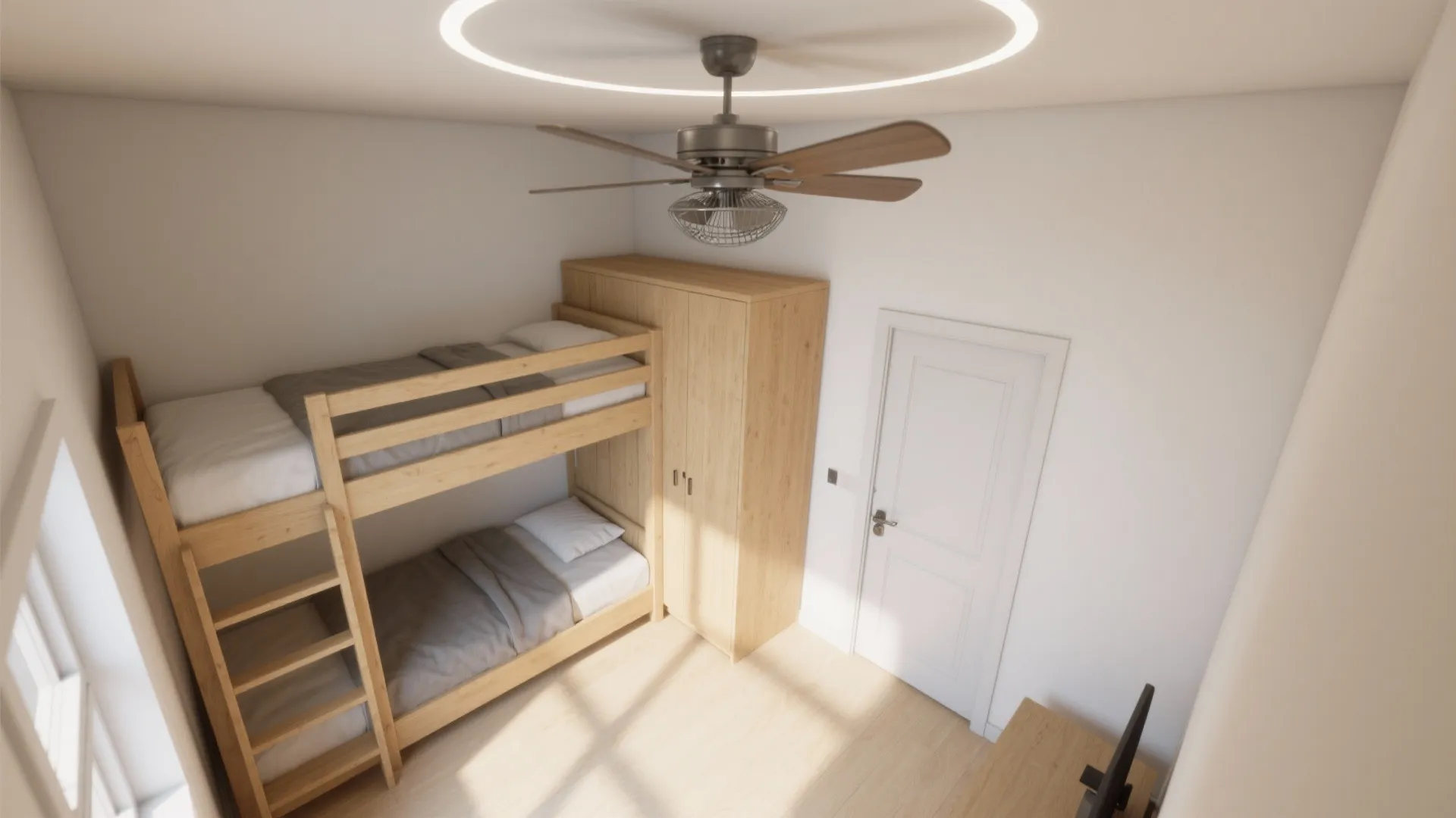 Small bedroom featuring wooden bunk beds matching cabinet white door and a modern metal ceiling light