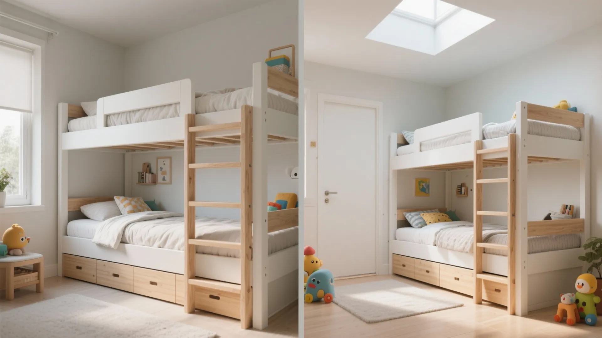Comparison showing two white bunk beds with wooden ladders storage drawers and a bright window