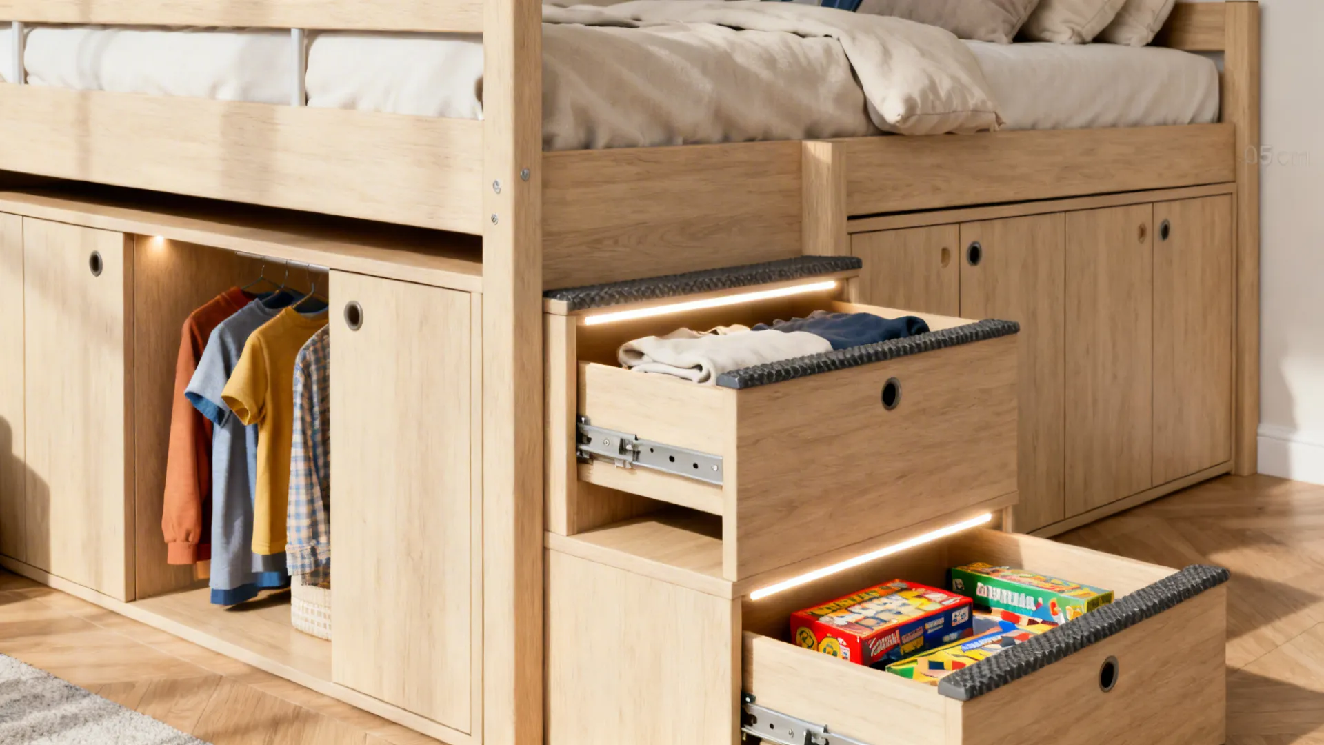 Bunk bed with safe storage stairs lit by motion-sensor LED strips.