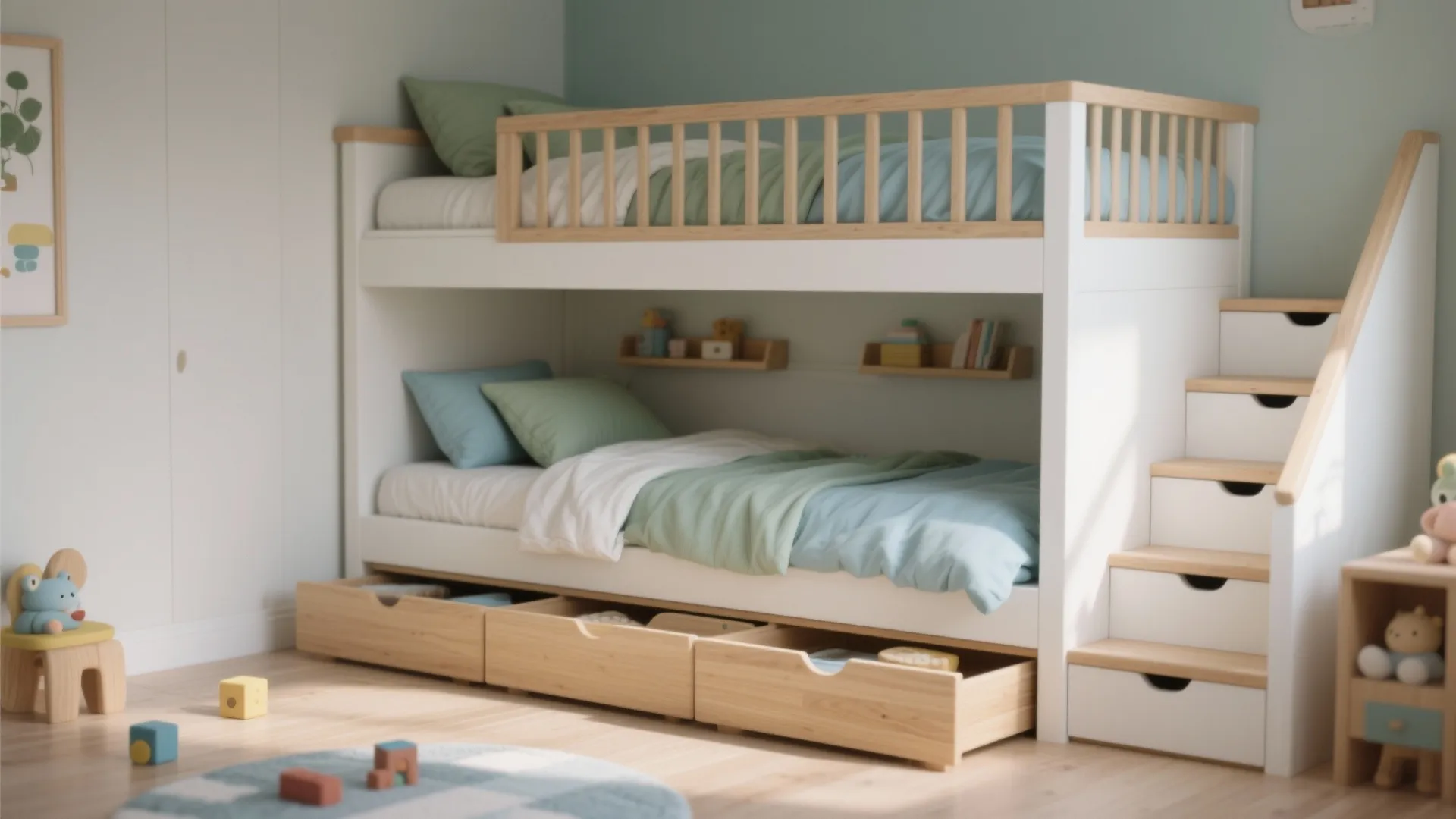 Modern white bunk bed with wooden stairs containing storage drawers and under bed pull out storage
