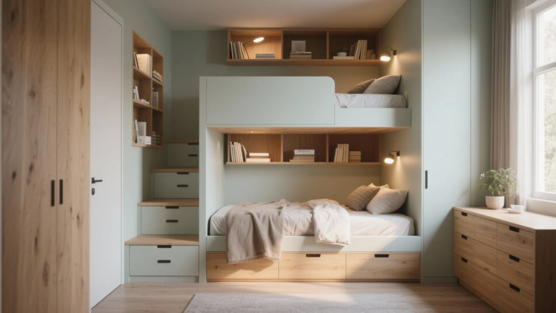 Light green bunk bed with integrated storage drawers shelves and wooden stairs in small bedroom