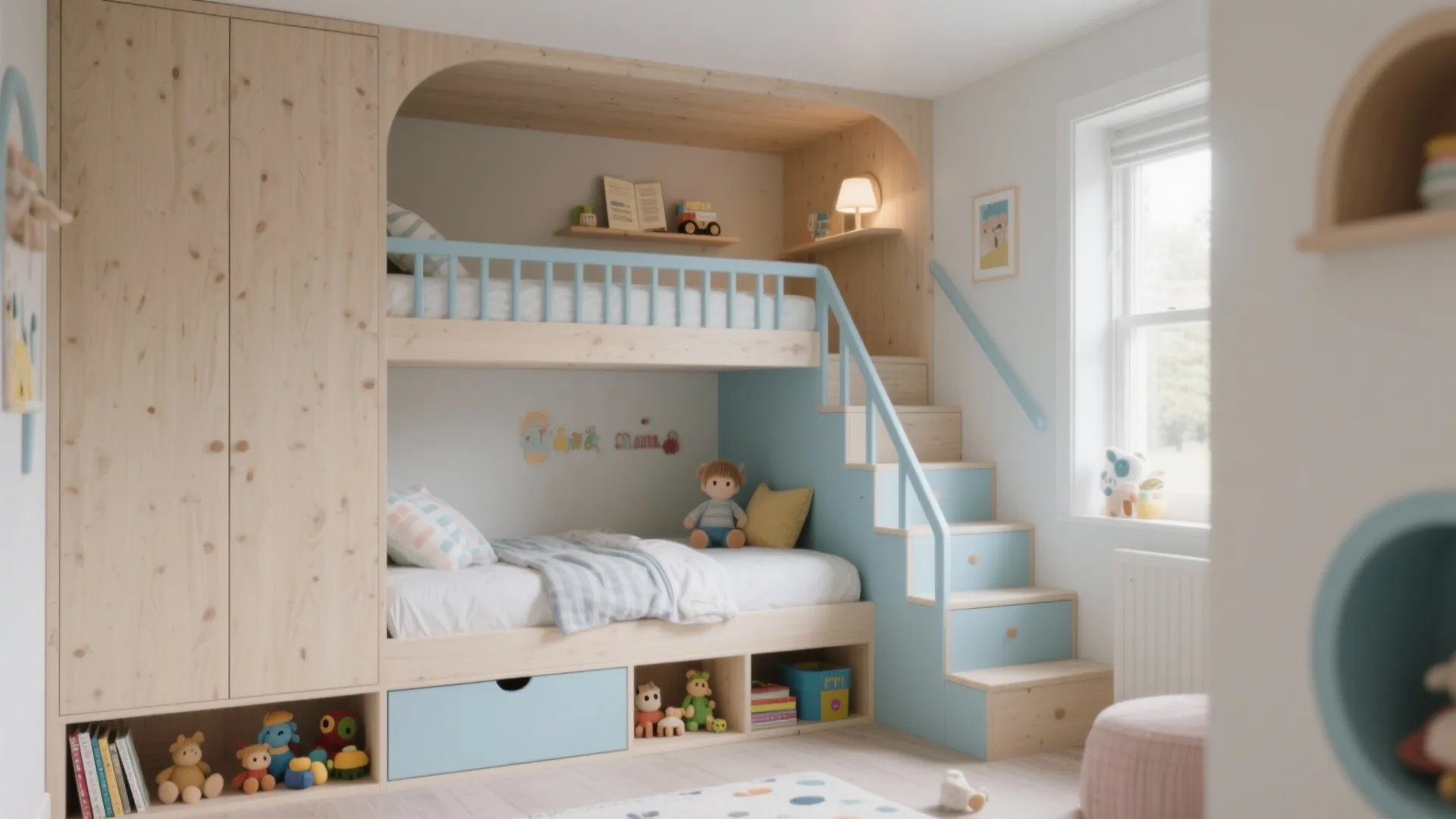 Vertical bunks with drawers and stair cubbies in a small kids room with birch wood and soft blue accents.