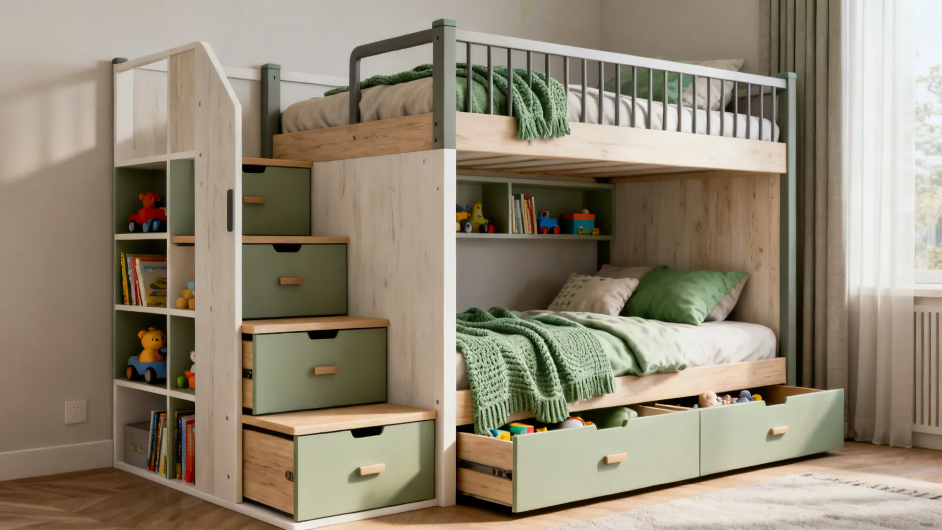 Wooden bunk bed featuring green bedding and built-in storage stairs with green drawers and shelves